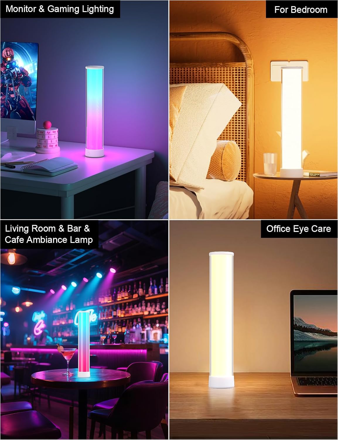 Rechargeable Table Lamp, RGB IC LED Light Bar, 1500 Lumens, APP & Remote Control Bedside Table Lamp with Music Sync, Color Changing Ambient Lighting for Bedside Table Desk Monitor Gaming White