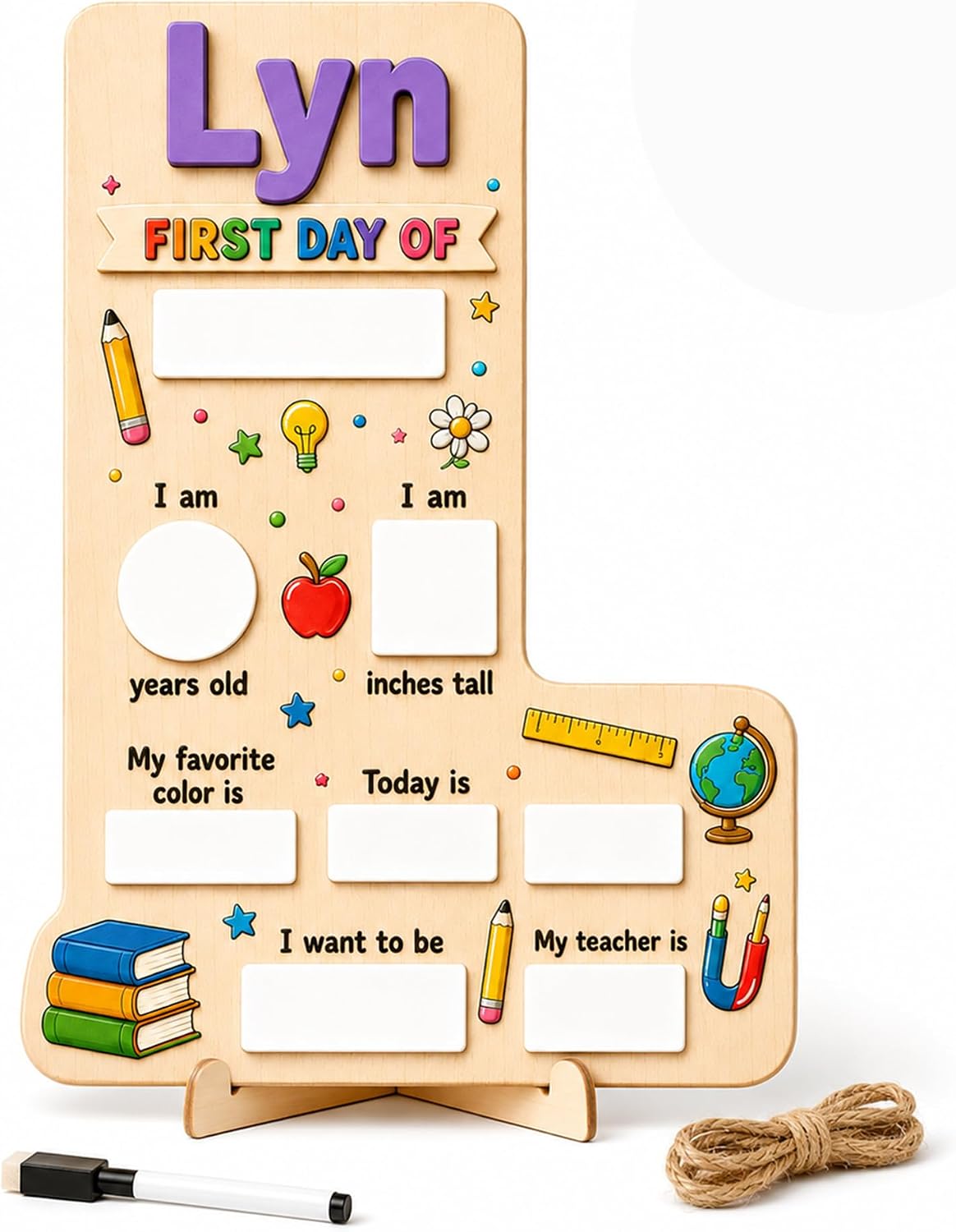 Alphabet Letter Wood First Day of School Sign Reusable Dry Erase Photo Prop | Personalized monogram milestone board for kids first day of preschool or elementary, 4 sizes 9.8 to 21.7 inch keepsake