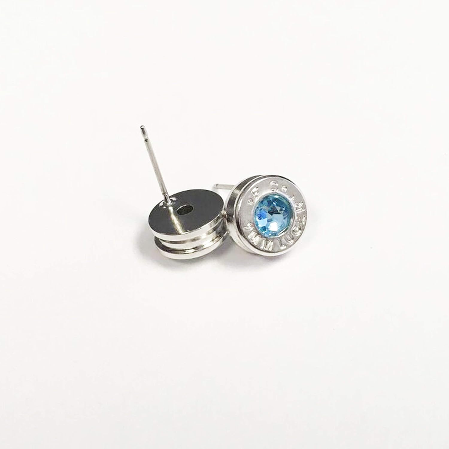Rhodium Plated 9 Millimeter Ammo Bullet Cartridge Stud Earrings with March Themed Aqua Crystals