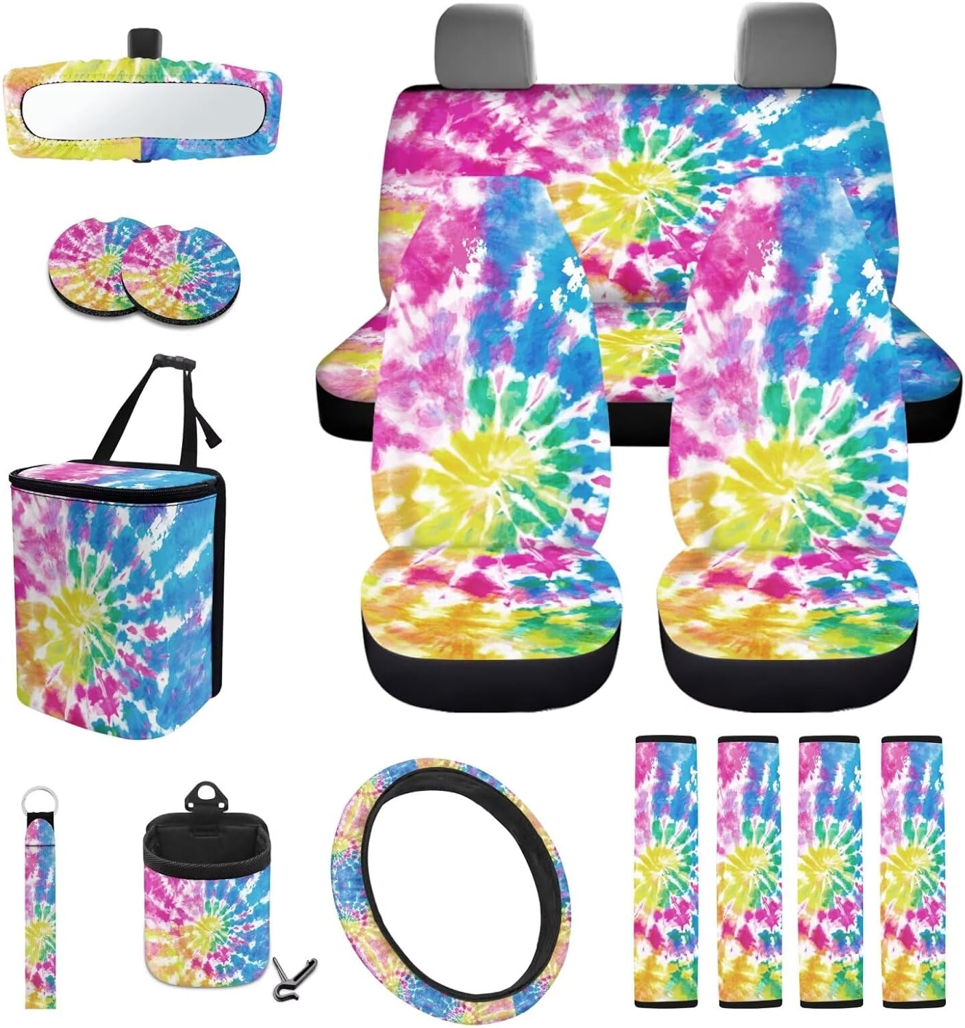 Colorful Tie-dye Print Saddle Blanket Car Seat Covers Full Set Car Cup Mat Wristlet Keychain Steering Wheel Covers Seat Belt Pads Car Trash Bag Air Vent Bag,15 Piece Set