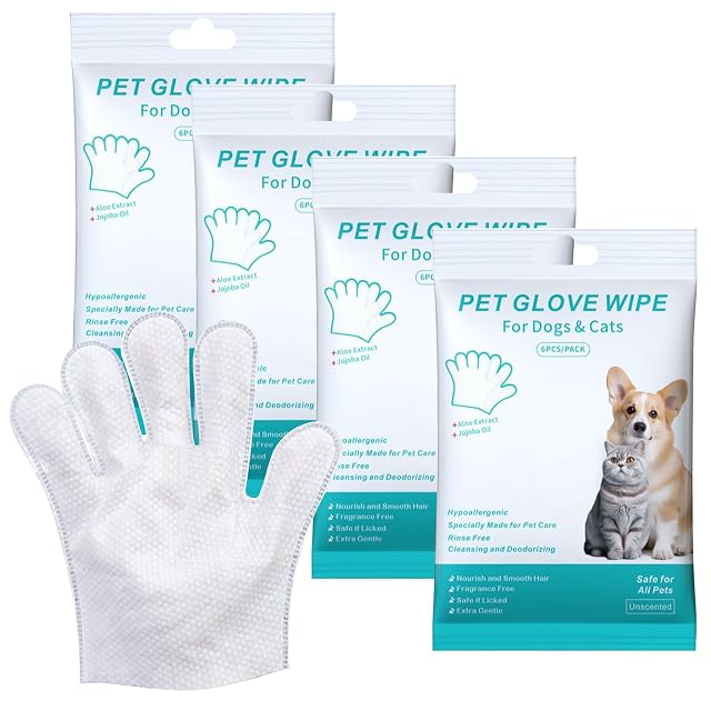 PORFOYO - Guantes de limpieza para mascotas (24 piezas, toallitas para perros y gatos, guantes todo en uno…