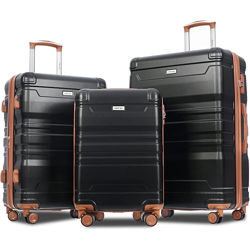 Merax Expandable ABS Hardshell Luggage Suitcase with Spinner Wheels Suit Case Lightweight, Black+Brown, 3-Piece Set (20/24/28)