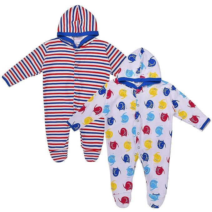NAVYZONE Baby Boy and Baby Girl Cotton Hooded Rompers Full Sleeves with Footies Easy Dressing and Diapering