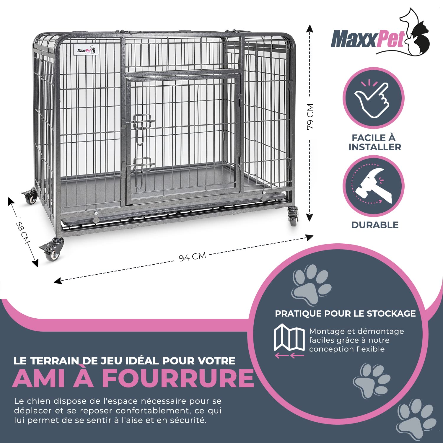 MaxxPet Cage pour Chien - Cage Pliable en Métal pour Chien - Caisse De Transport pour Chien XXL - avec Plaid Luxueux et roulettes - Convient pour Le Transport - 94x58x70 cm - Gris