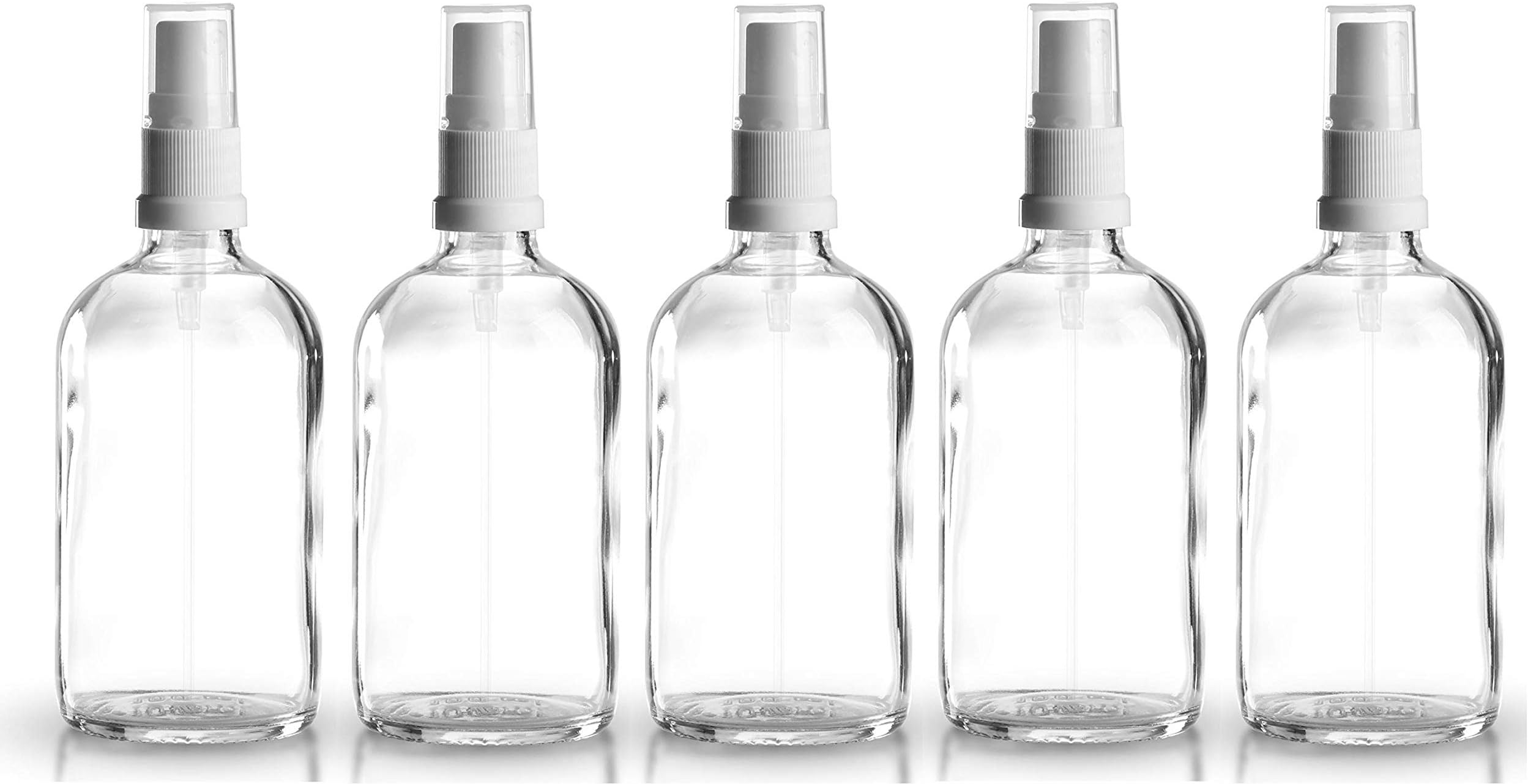 5 x Clear Glass Bottle / Spray Bottle 100 ml incl.Pump sprayer / spray head white DIN 18 with transparent protective cap / clear glass bottle / clear glass / spray bottle / atomizer / spray head pharmacy quality, manufactured according to the European Pharmacopoeia.