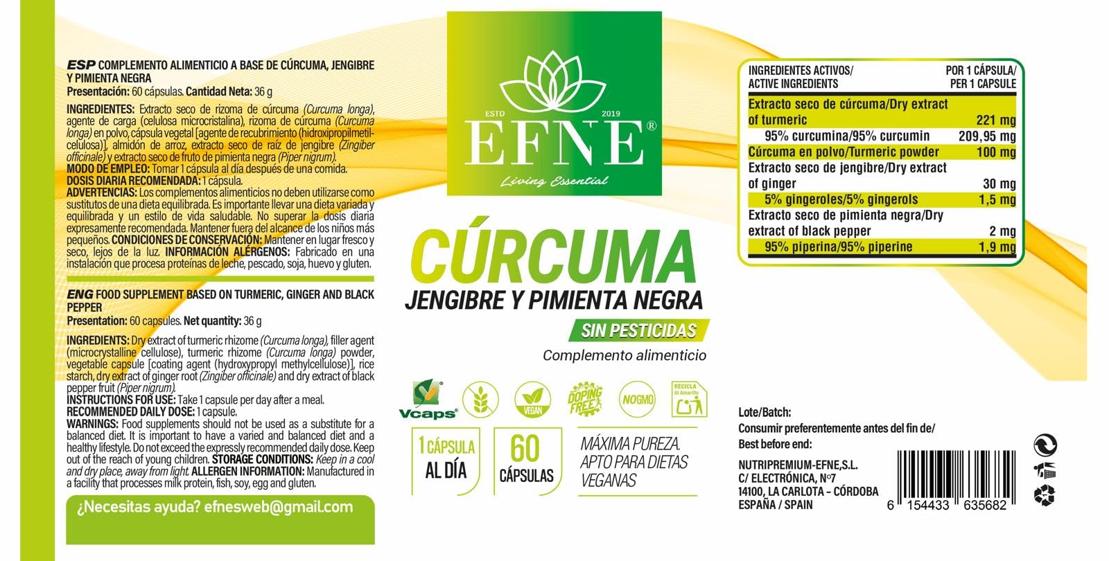 EFNE CURCUMINA FORTE – Cúrcuma + Jengibre + Pimienta Negra | 60 cápsulas veganas | Extracto de cúrcuma 95% curcumina + jengibre 5% gingeroles + piperina 95% | Sin gluten ni lactosa