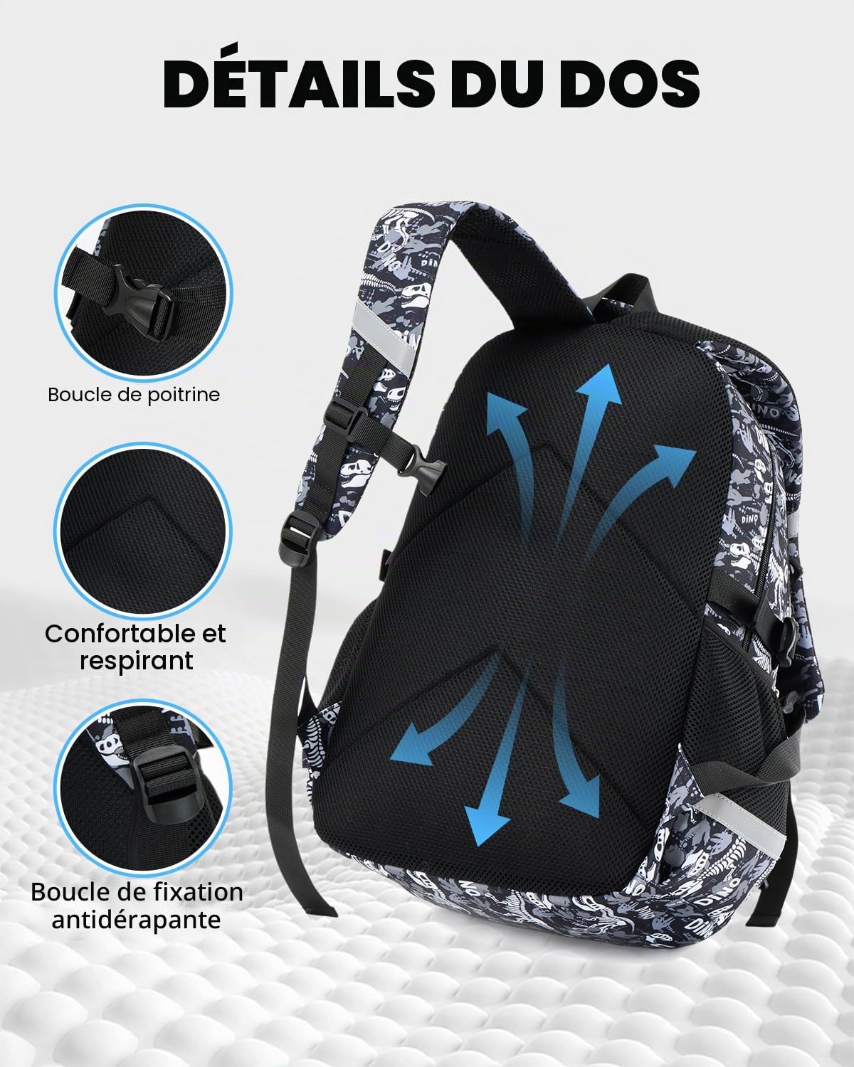 Amythe Cartable École Garçons Classes de 1 à 4 Lumineux Voyage, Dinosaure | Grand Réfléchissant Compartiment Laptop Dinosaure Daypack Multi-Poches Spacieux Robuste pour École Randonnée