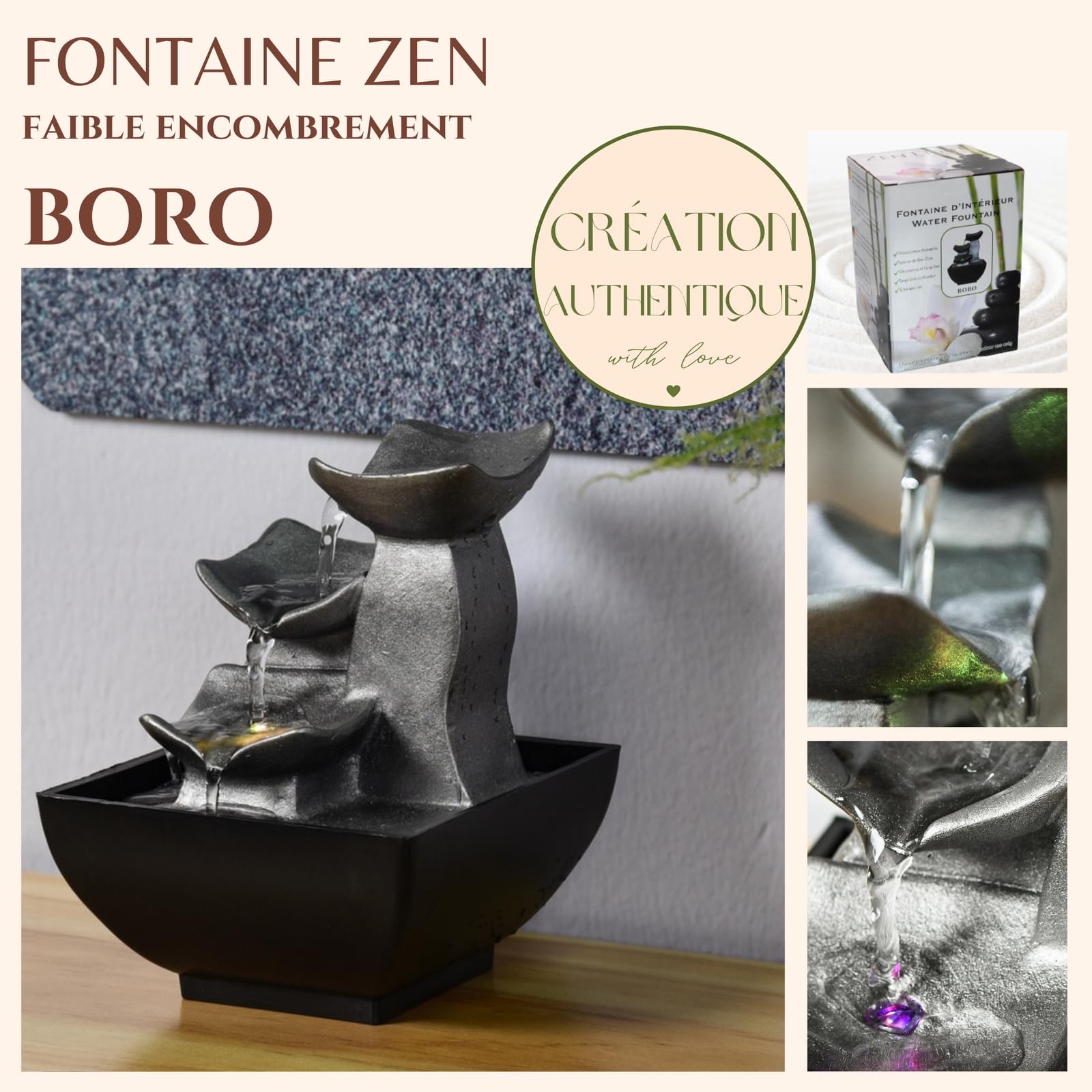 Zen Light Nature Boro - Fuente, de Resina, Plateada, 13 x 13 x 17 cm