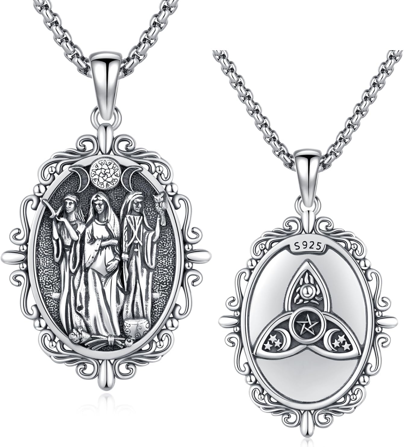 Triple Moon Goddess/Virgin Mary Necklace 925 Sterling Silver Greek Goddess Hekate Pendant Necklaces Protection Amulet Moon Sun Pentagram Jewelry for Women