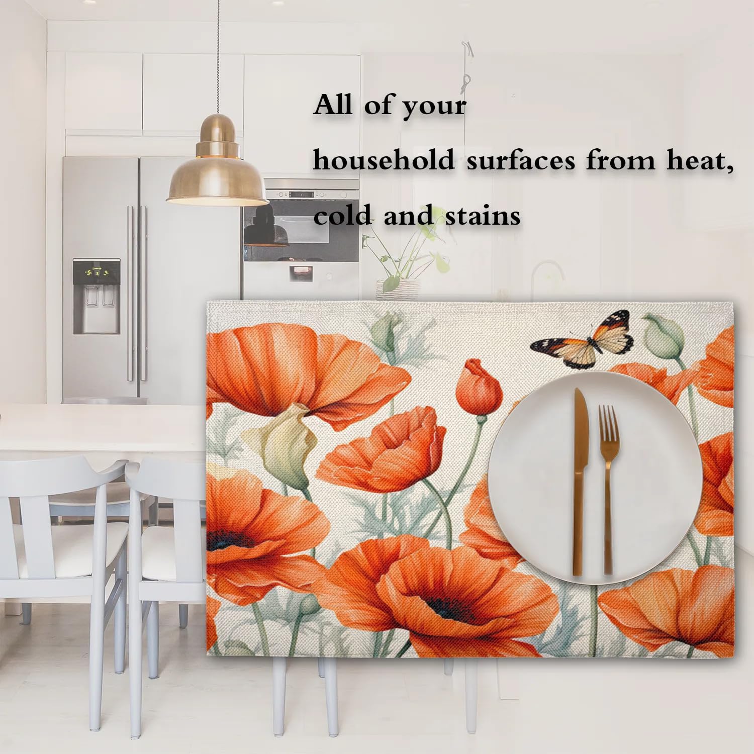 Poppy Butterfly Flower Placemats Set of 6 Non-Slip Heat Stain Resistant Place Mats Wipeable Dining Table Mats for Party Kitchen Dining Table Indoor Outdoor Decoration