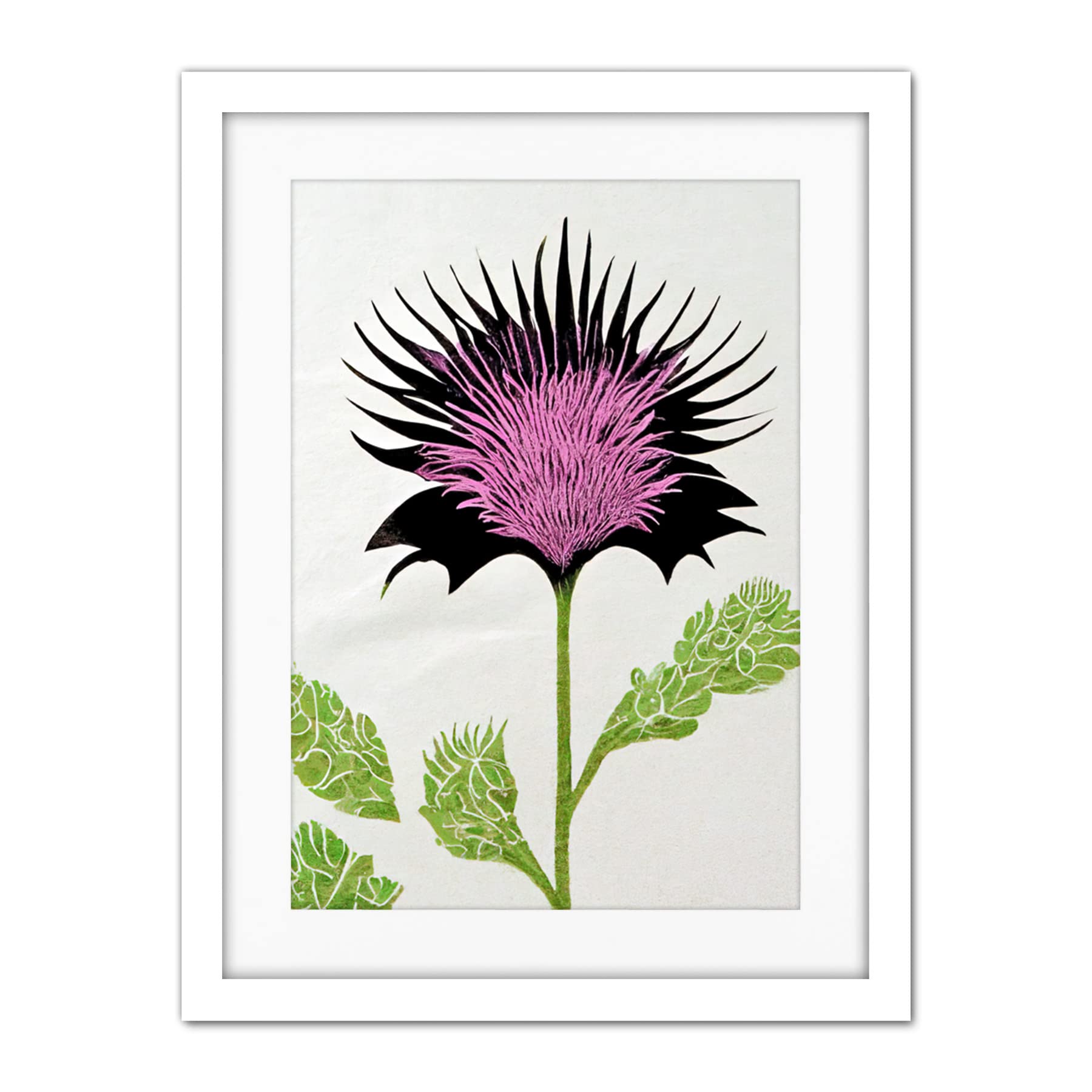 Doppelganger33 LTD Linocut Scottish Thistle Abstract Wildflower Artwork Framed Wall Art Print 18X24 Inch