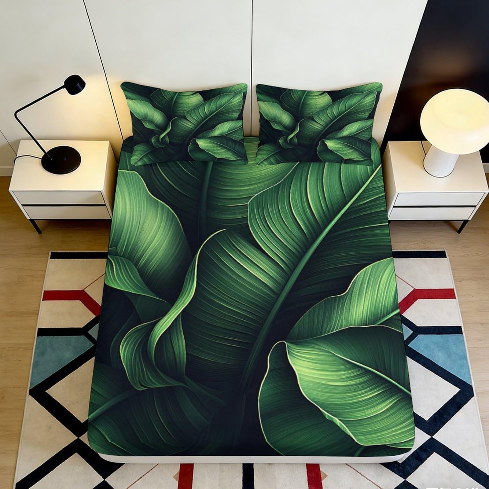 3D Printed Tropical Banana Leaf Fitted Sheet Microfiber Deep Green Jungle Bed Cover for Bedroom Guest Room Decor 140x200x25cm