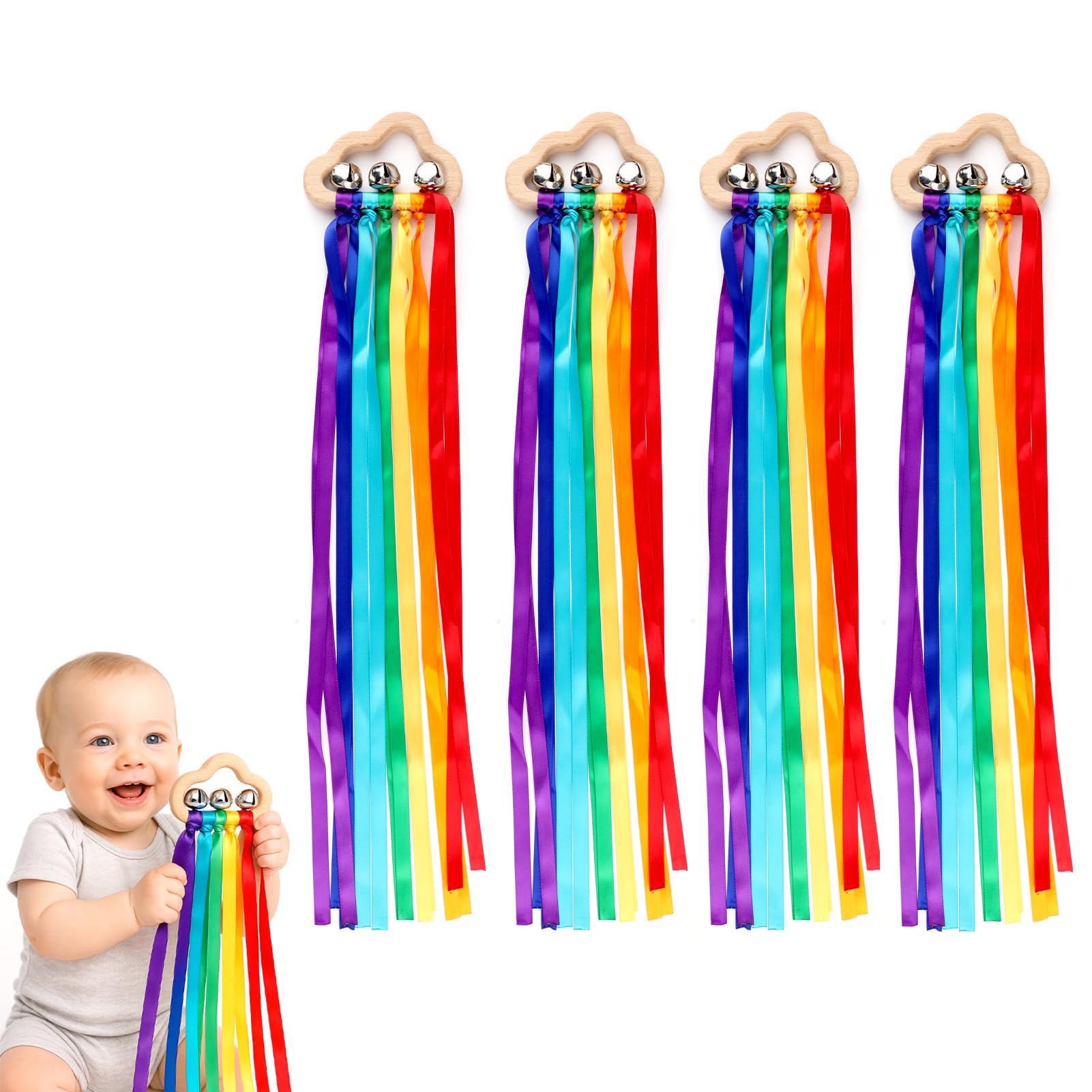 Sensory Wooden Ring Baby Toys โ Montessori Rainbow Ribbon Rattle Toys with Bells, Educational Sensory Toys for Babies & Toddlers, Wooden Cloud Grip Toy for Crawling & Play (Style F) โ image 1