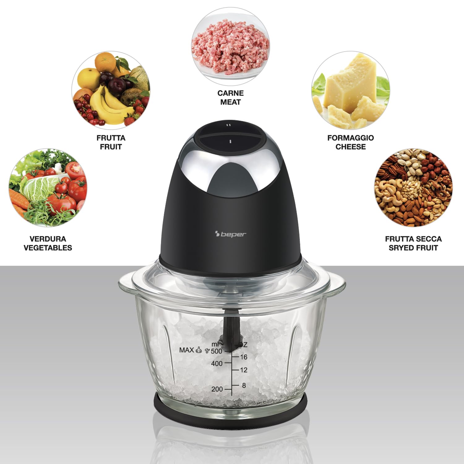 BEPER P102ROB003 Tritatutto Elettrico Chop&Whip con Contenitore in Vetro 500ml, Lame in Acciaio Inox, 2 Velocità, Accessorio per Emulsionare e Montare la Panna, Compatto, Sicuro e Facile da Pulire