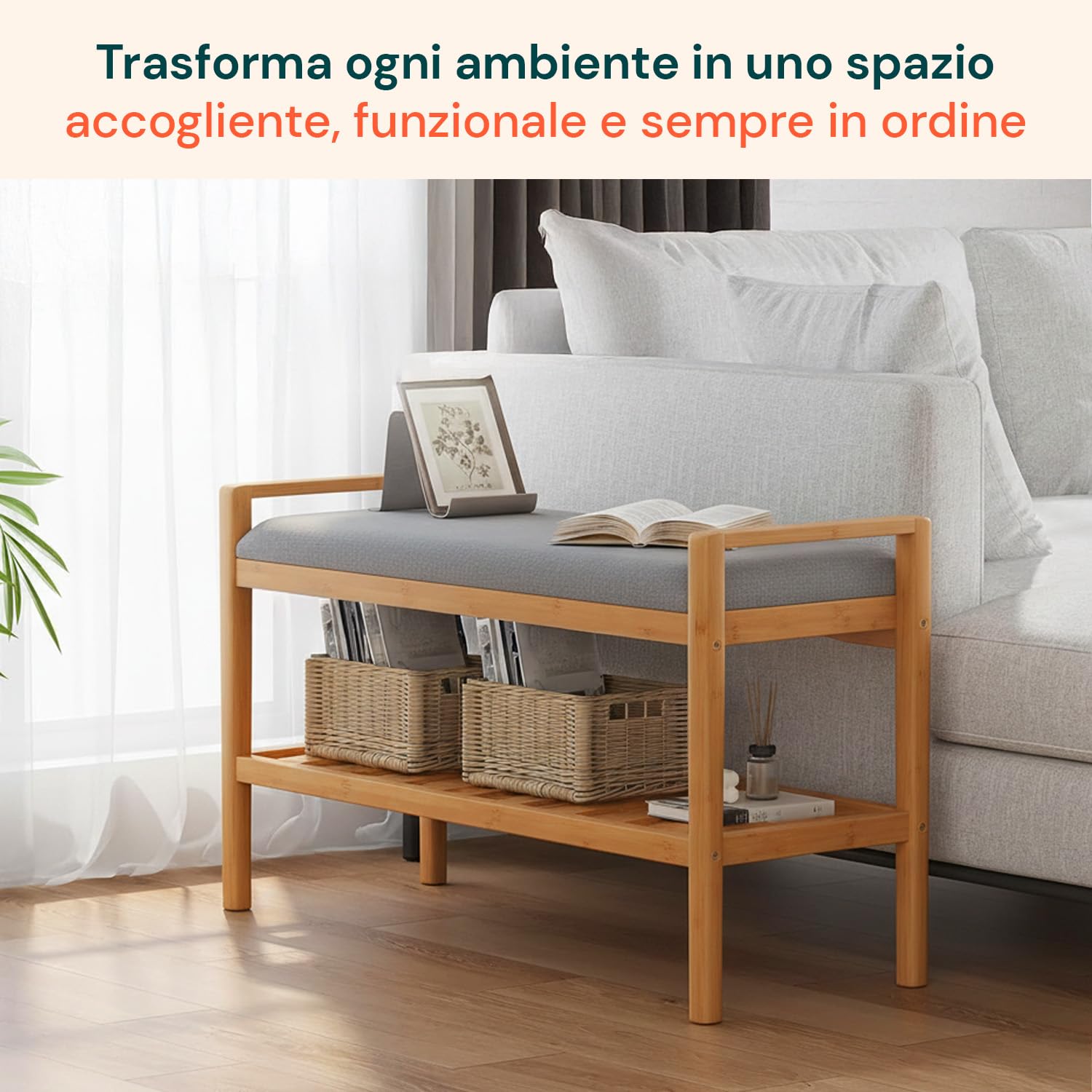 Avilia Panca Scarpiera da Ingresso in Bambù Panca Contenitore con Seduta Imbottita Grigia, Scarpiera Salvaspazio Slim Ripiano a Doghe, Portascarpe Moderno per Camera, Corridoio e Bagno