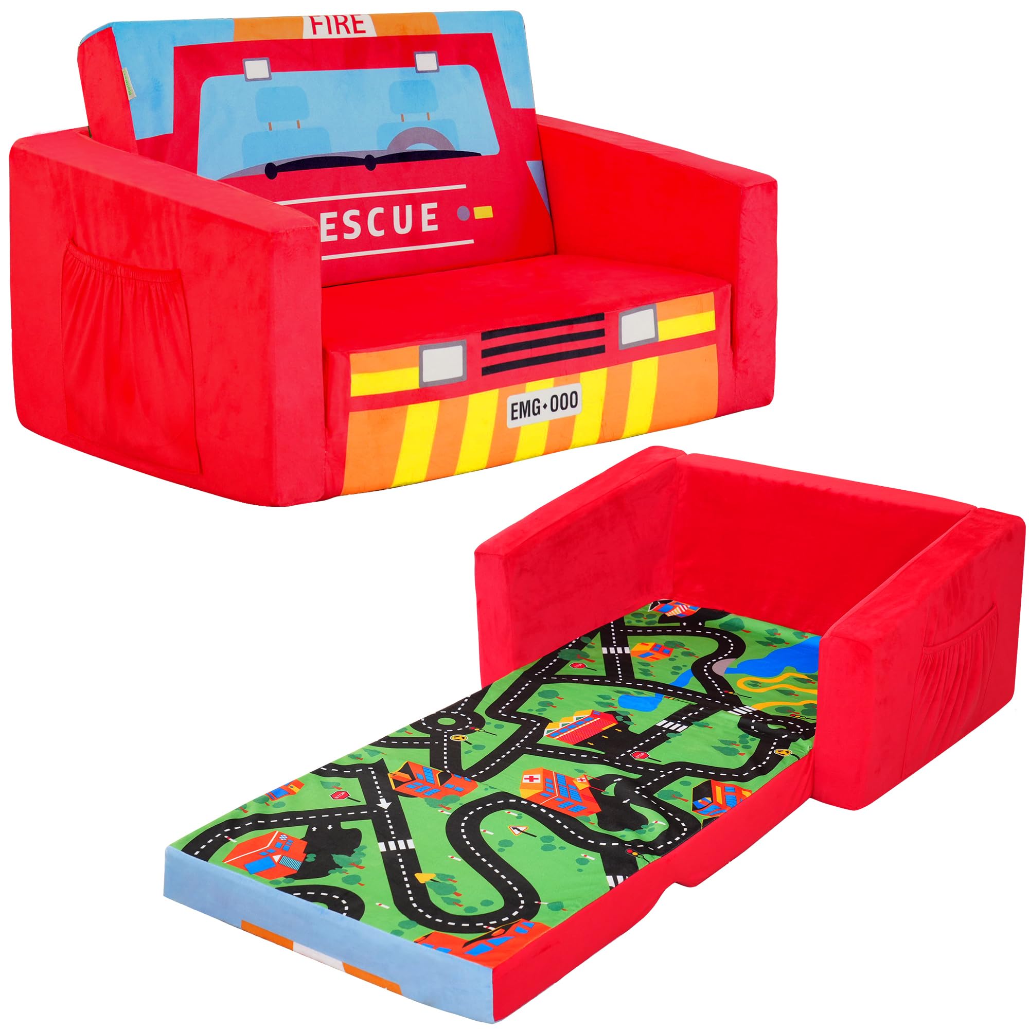 MallBest Kids Sofas Children's Sofa Bed Baby's Upholstered Couch Sleepover Chair Flipout Open Recliner(Red/Fire Truck)