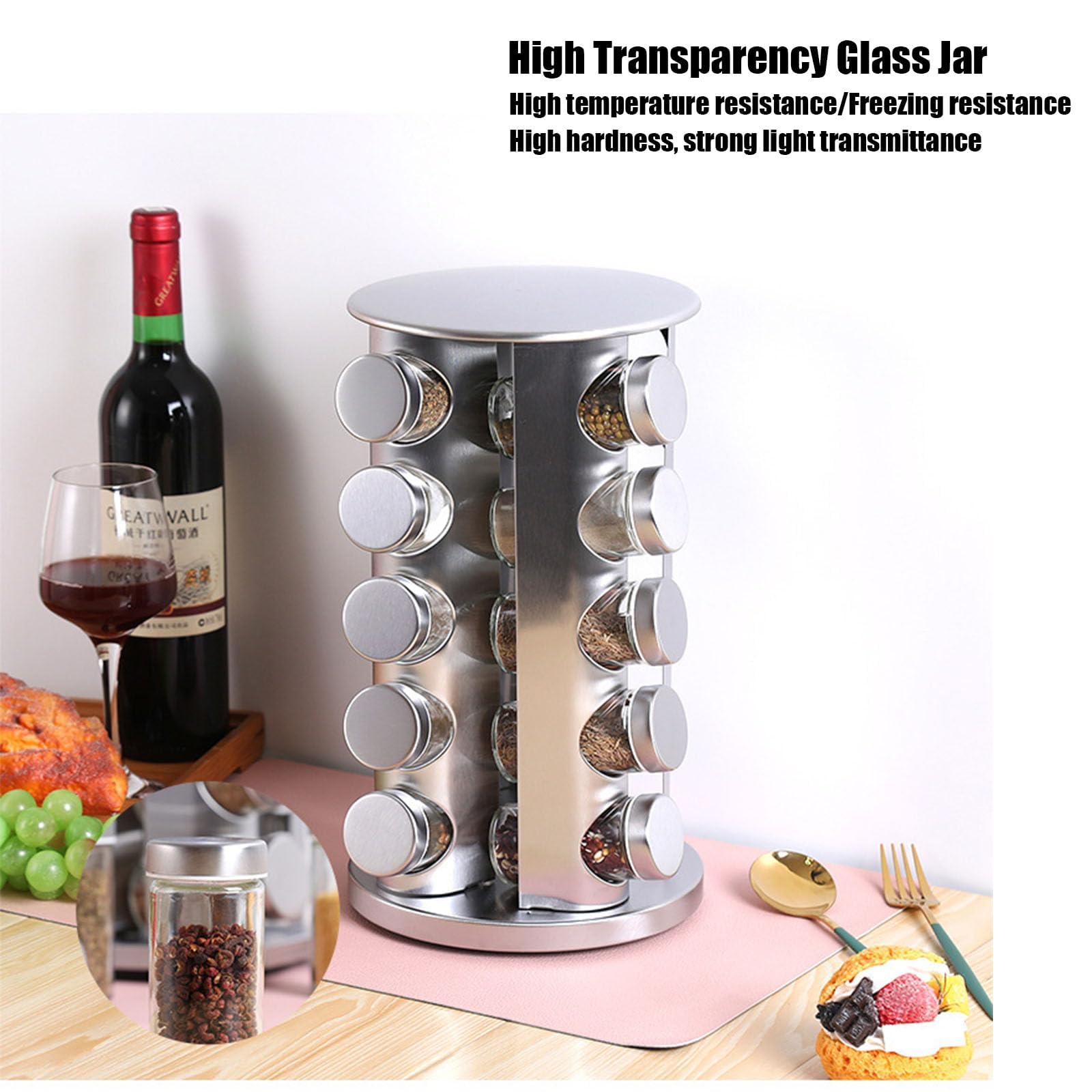 épices rotatif avec 20 pots d'épices, organisateur de tour d'épices de cuisine pour comptoir ou armoire, gadgets de cuisine (acier inoxydable). (Silver, 20)