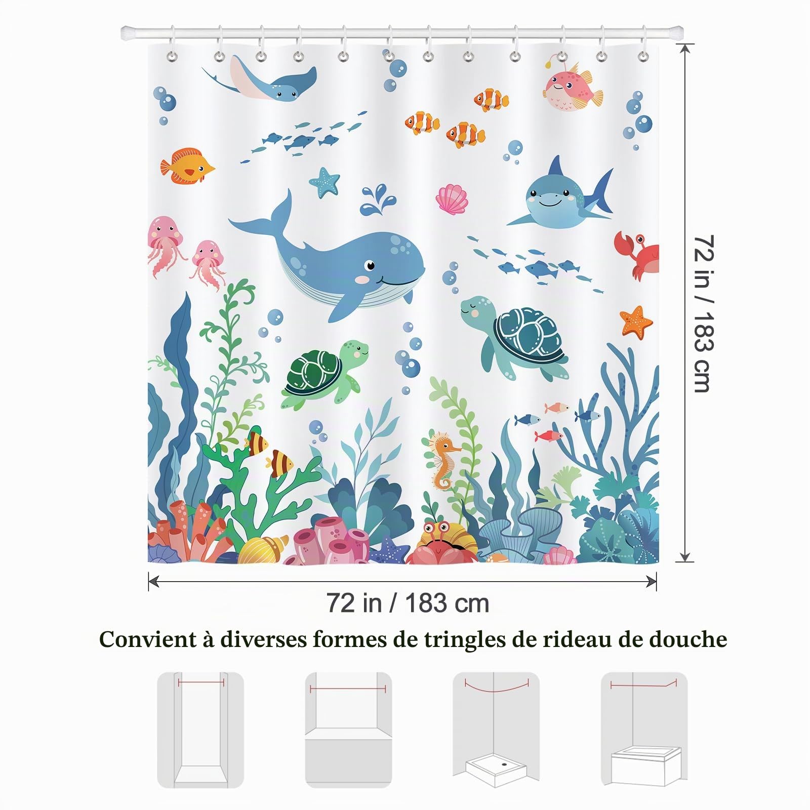 Bonhause Rideau de Douche Animal Enfants Tortue Océan Rideau de Bain Tissu Polyester Anti Moisissure Imperméable Lavable Rideaux Salle de Bain 180 x 180 cm avec 12 Crochets pour Baignoire