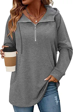 onlypuff Women Hoodie Pullover Trendy Quarter Zipper Lapel Sweatshirts Drawstring Cute Hooded Tunic Tops with Side Pockets