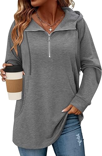 onlypuff Women Hoodie Pullover Trendy Quarter Zipper Lapel Sweatshirts Drawstring Cute Hooded Tunic Tops with Side Pockets