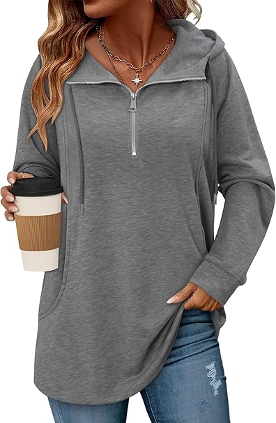 onlypuff Women Hoodie Pullover Trendy Quarter Zipper Lapel Sweatshirts Drawstring Cute Hooded Tunic Tops with Side Pockets