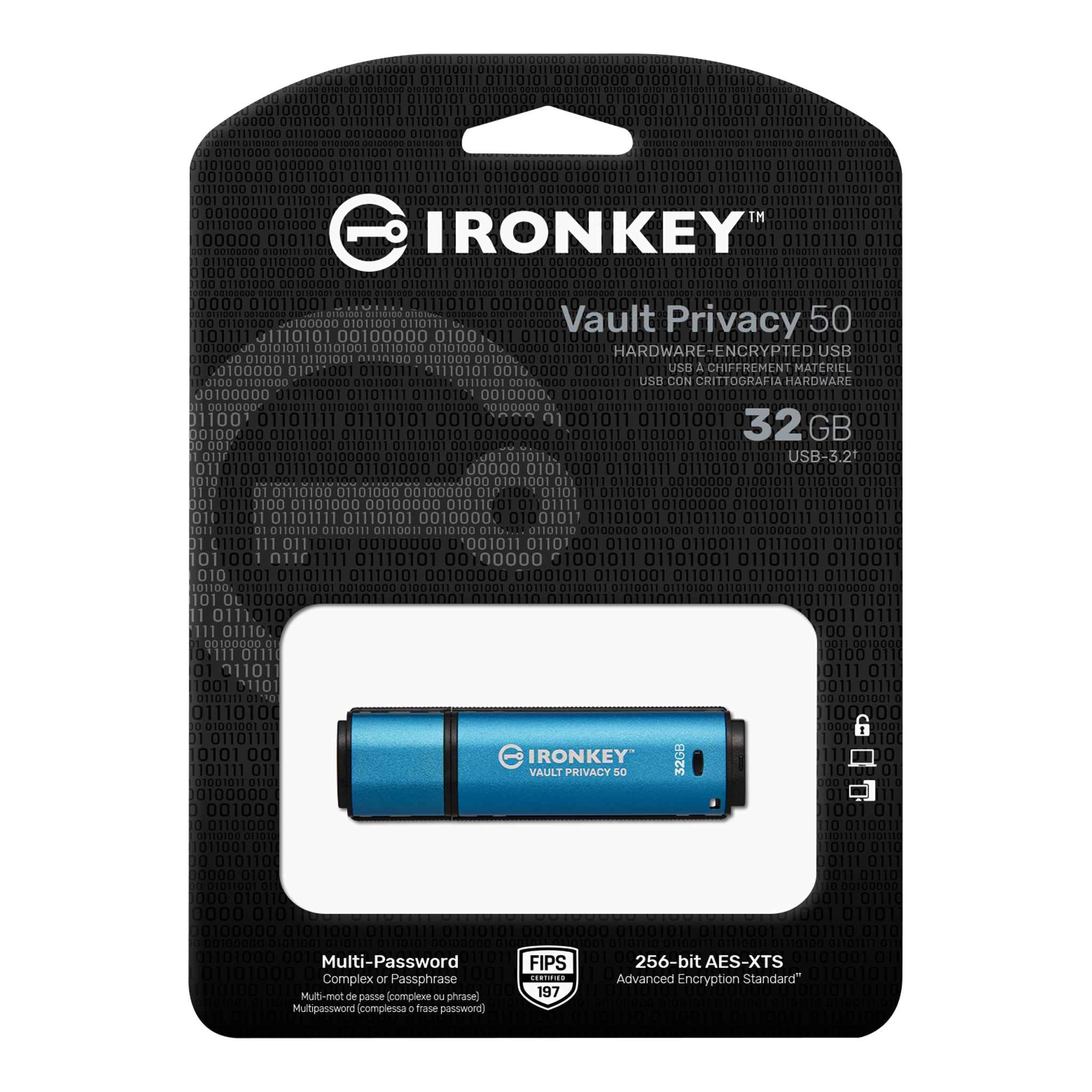 Kingston IronKey Vault Privacy 50 Drive USB con certificazione FIPS 197 e crittografia XTS-AES a 256 bit per la protezione dei dati - IKVP50/32GB