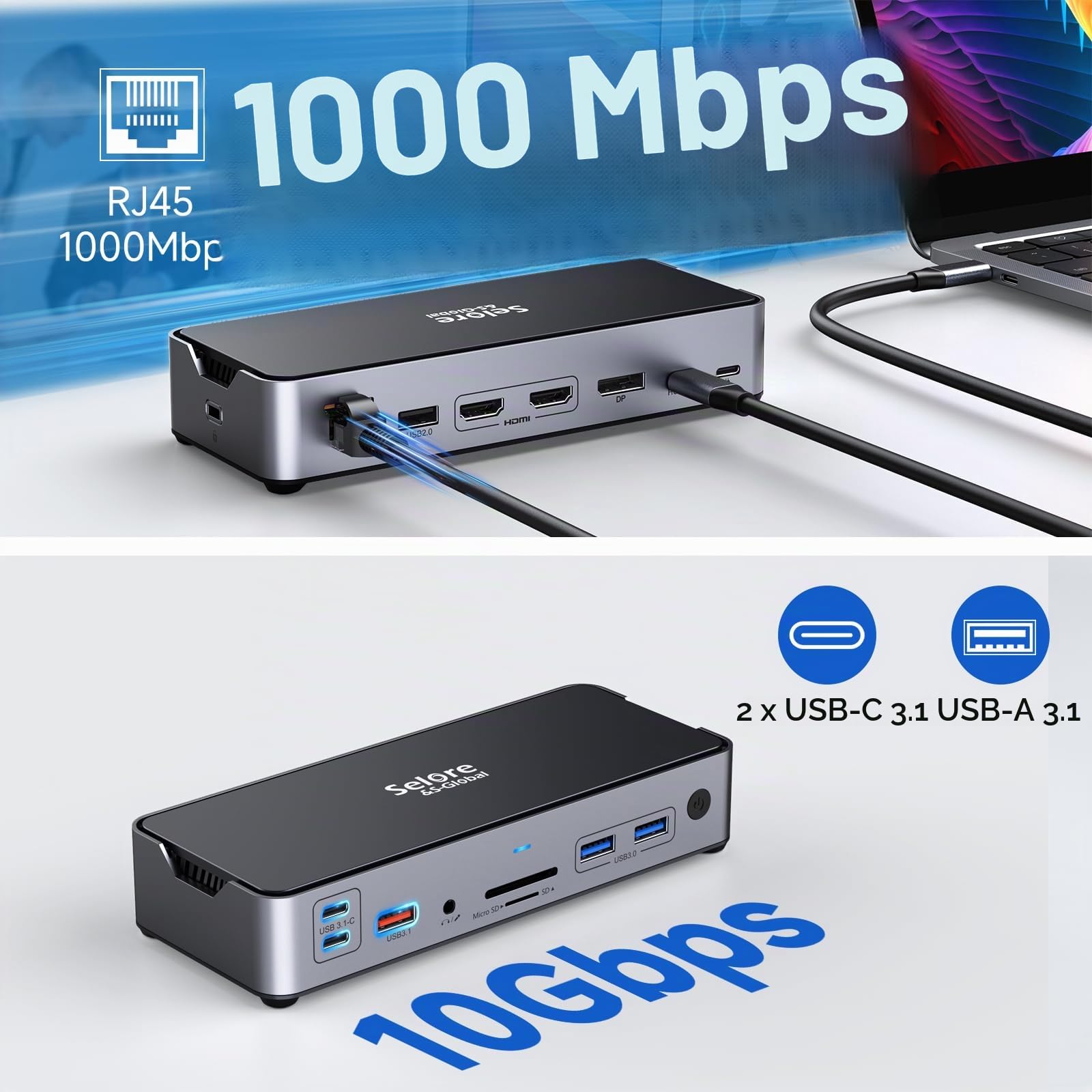 Docking Station USB C con alimentatore da 65 W 15 in 1 docking Station USB C DP&Dual HDMI Single 8K Triple 4K 30Hz Display per DP1.4 10Gbps USB 3.1&2 USB C, 2 USB3.0, USB2.0, RJ45, 100 W PD, SD/TF,