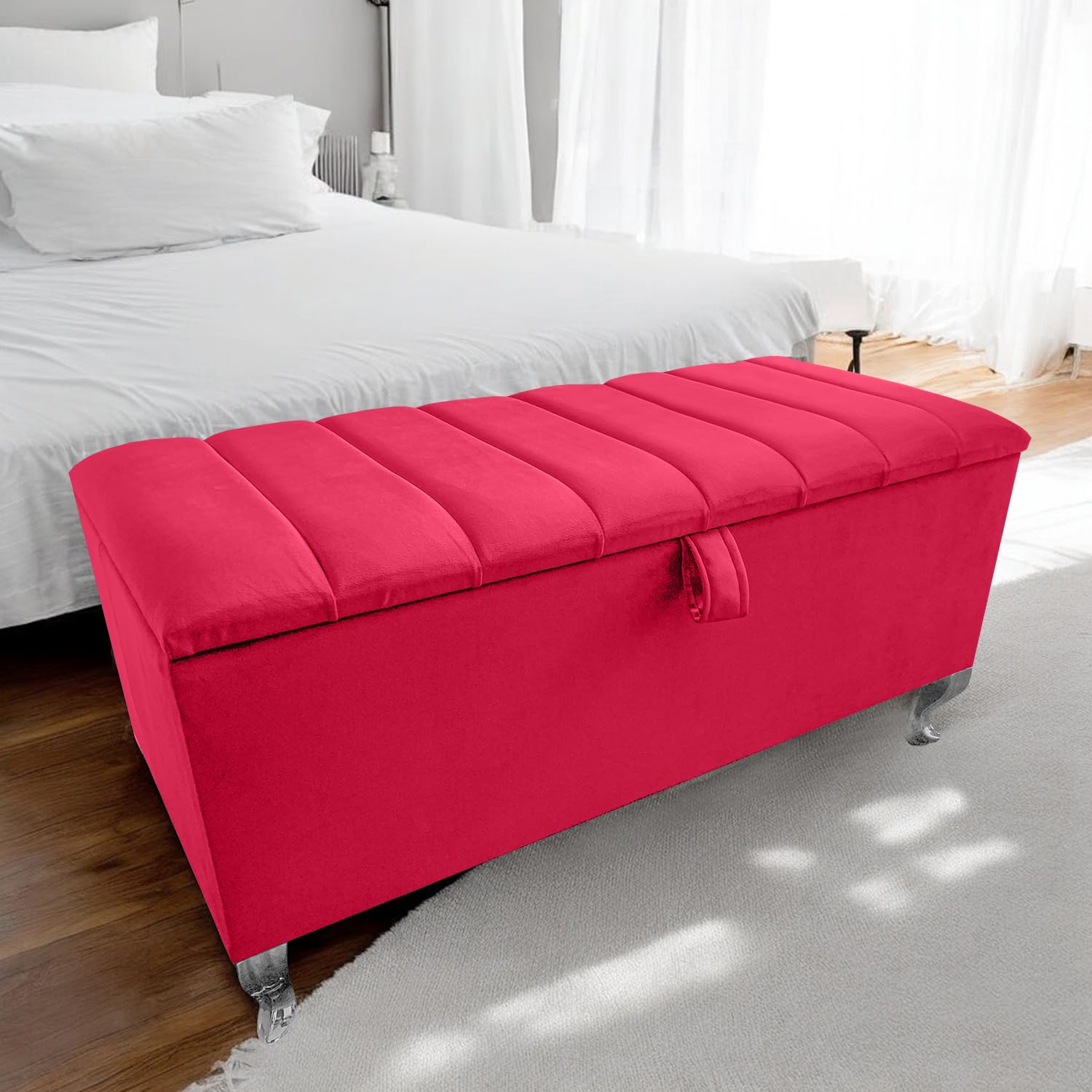 Harveys Living 102cm Panel Velvet Storage Ottoman, Silver Legs, Silver Legs, Red