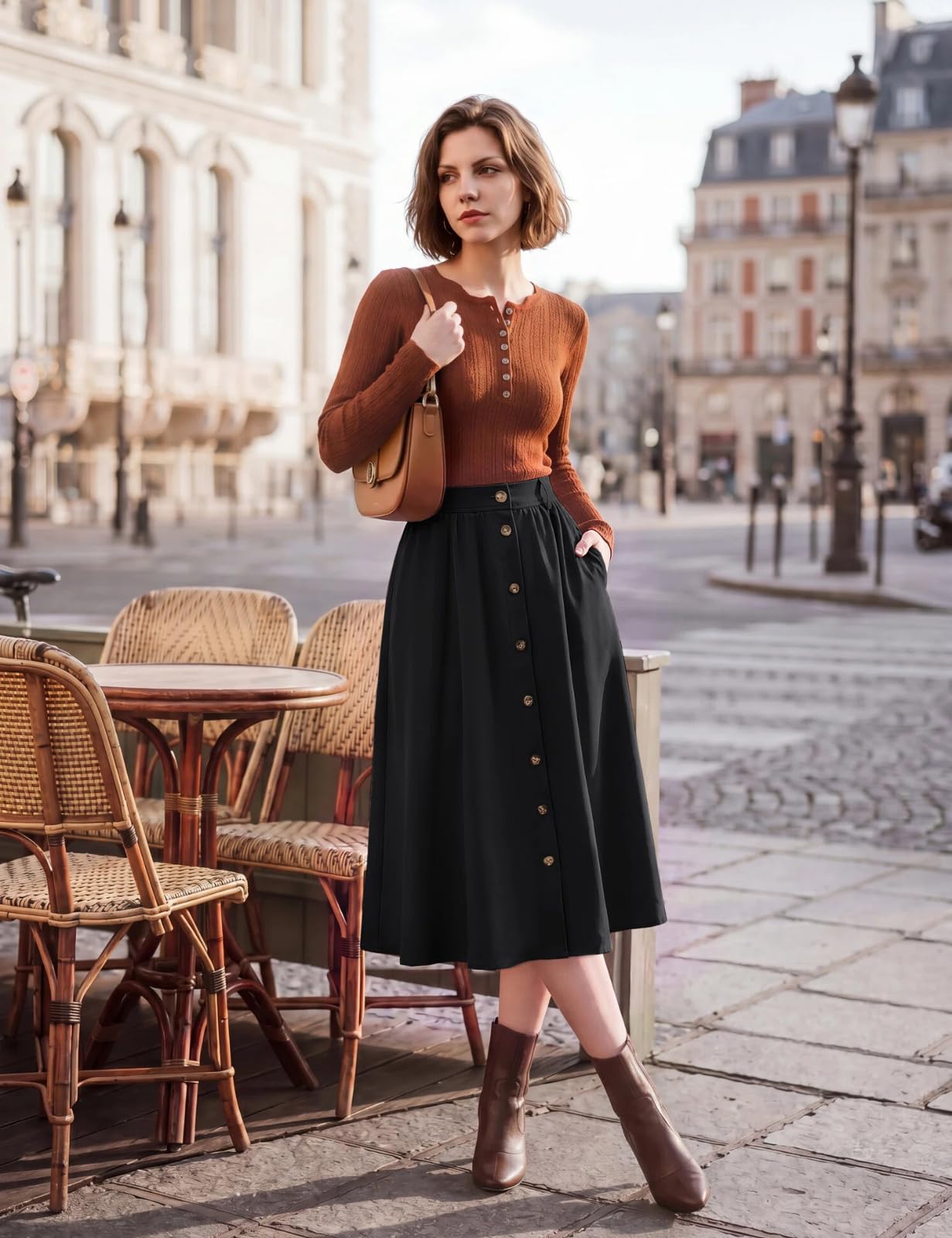 Belle Poque Klassisch Lässig Rock Damen A‑Linie Midi‑Rock elastischer Bund | Taschen und Knopfverschluss, leicht elastischer, klassisch lässiger Midi‑Rock