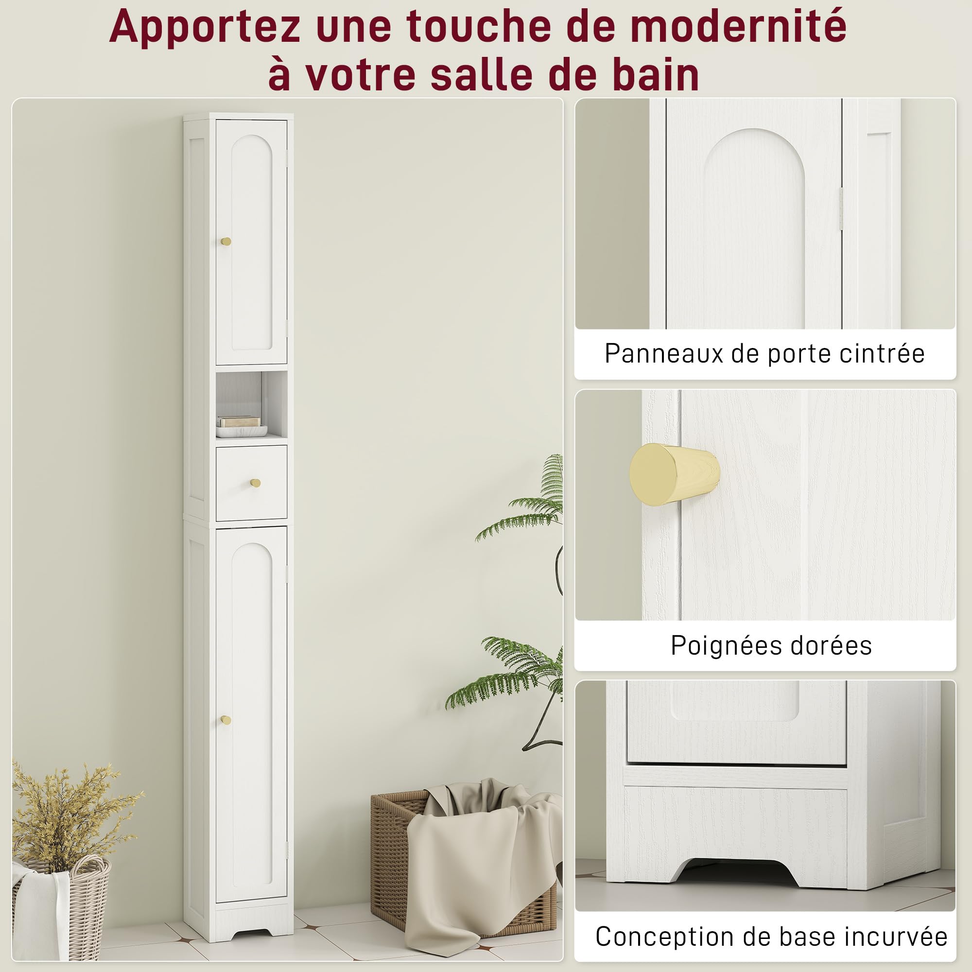 HOMCOM Mobiletto alto da bagno sottile moderno 20x20x185cm Bianco | Armadietto da bagno, ante arcuate, ripiano aperto, armadietto stretto, ripiani regolabili, a terra