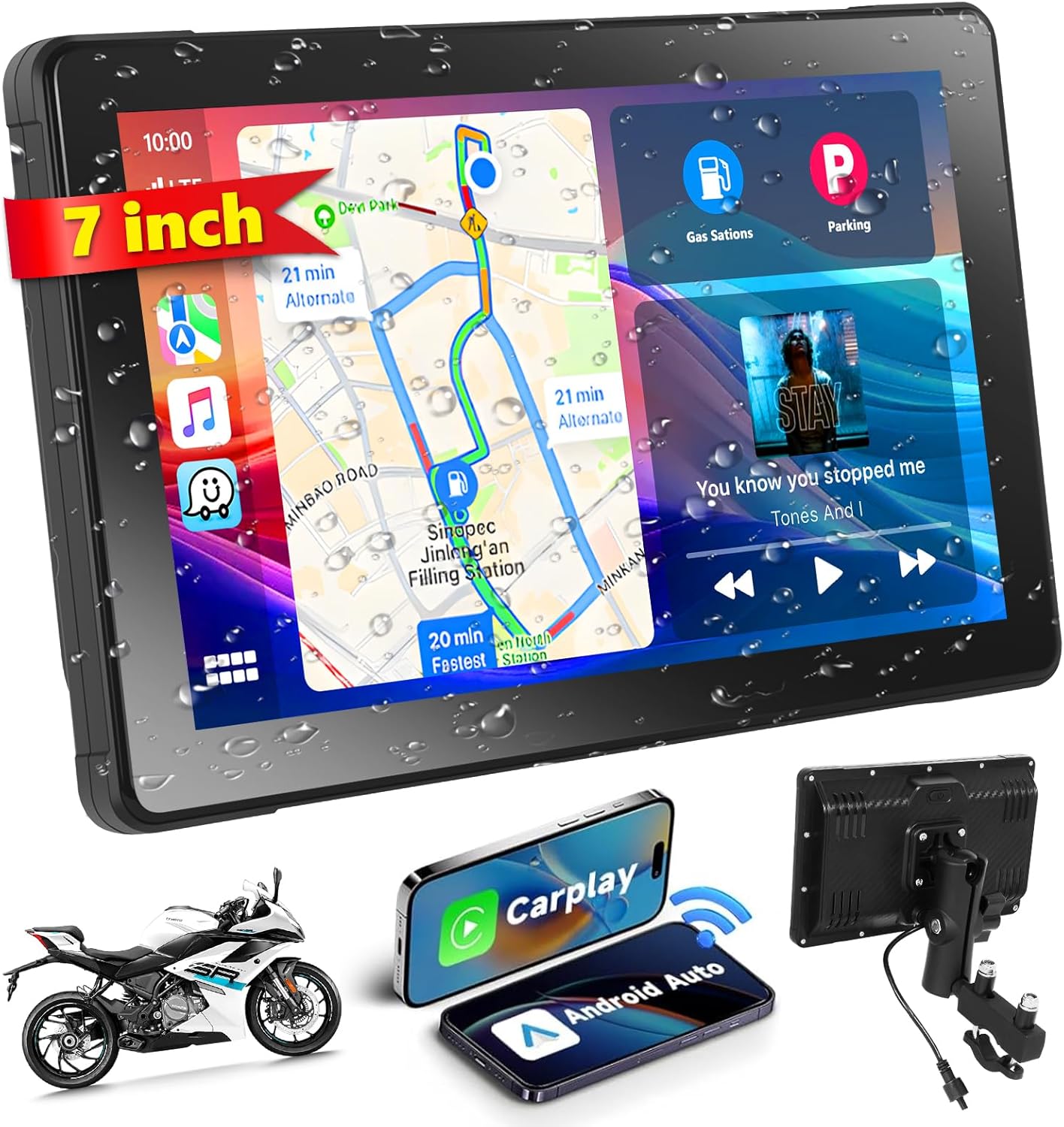 Podofo 7-inch Portable Wireless Apple Carplay and Android Auto Motorcycle Display