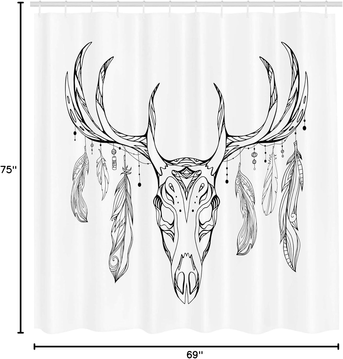 Ambesonne Antlers Shower Curtain, Illustration of a Deer Skull Bone and Feathers Boho Pattern Tribal, Cloth Fabric Bathroom Decor Set with Hooks, 69" W x 75" L, White Charcoal Off White