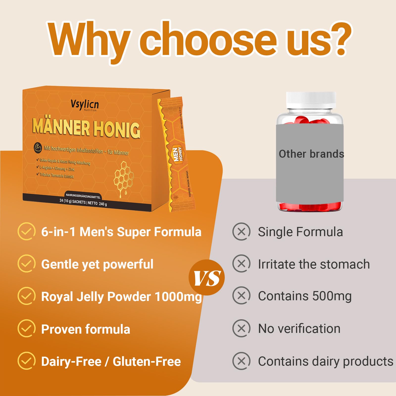 Männer Honig Sachets |Premium Kräuterhonig für aktive Männer | Natürlicher Honig mit Maca,Gelee Royale, Ginseng,L-Arginin & Zink - 24 x 10g Einzelpackungen - 240g
