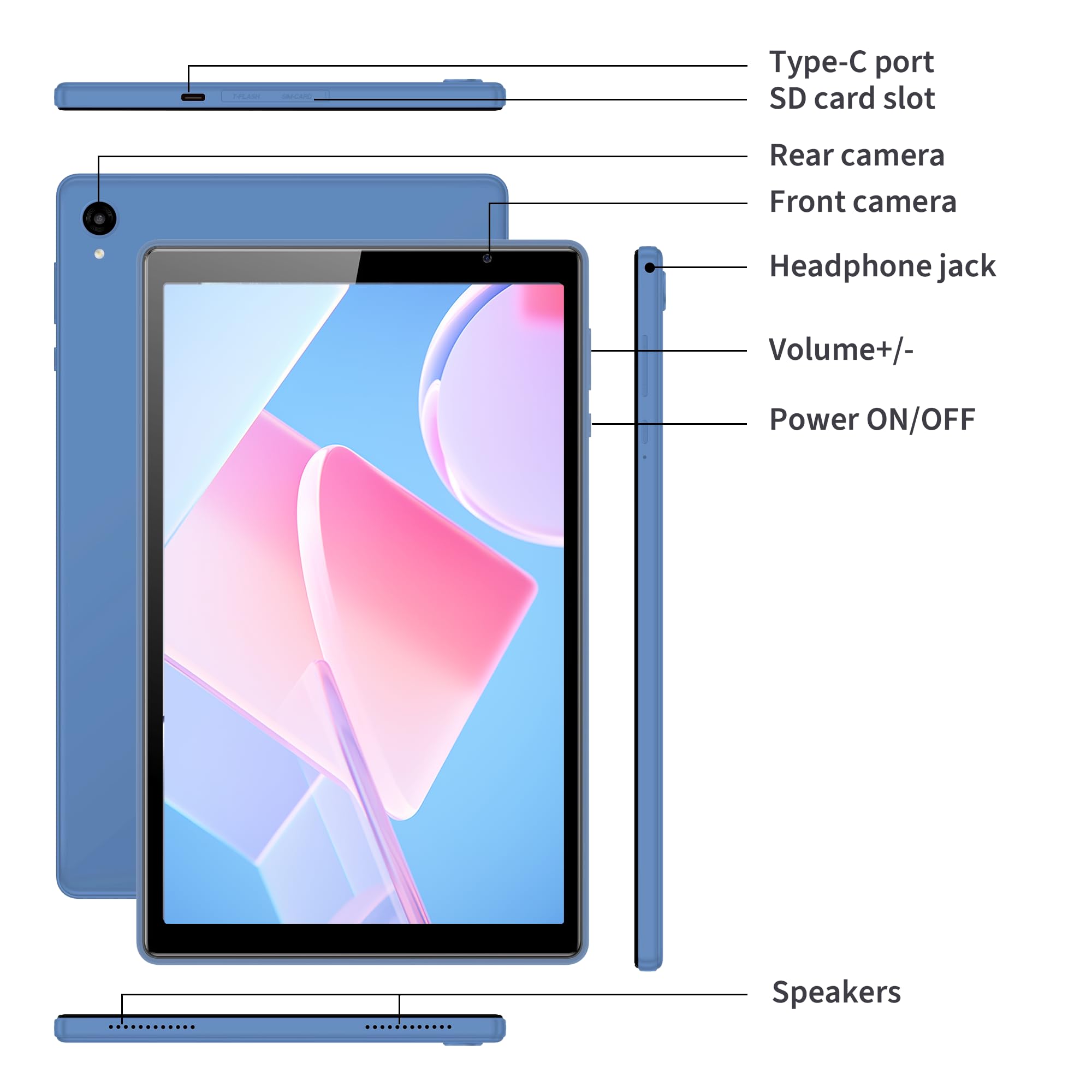Veidoo Tablet Android, tablet da 10,1 pollici con 3 GB di RAM + 32 GB di ROM, processore Octa-Core, WiFi, BT 4.0, touchscreen HD IPS, doppia fotocamera, lunga durata della batteria (blu gioiello)