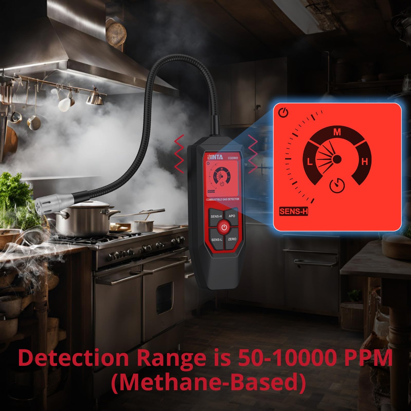 BINTA Détecteur de Gaz avec Col de Cygne Flexible de 18,5 Pouces, Détecteur de Fuite de Gaz Portable avec Alarmes Sonores et Visuelles, Propane, Gaz Naturel, Gaz Combustible pour Maison, RV, HVAC