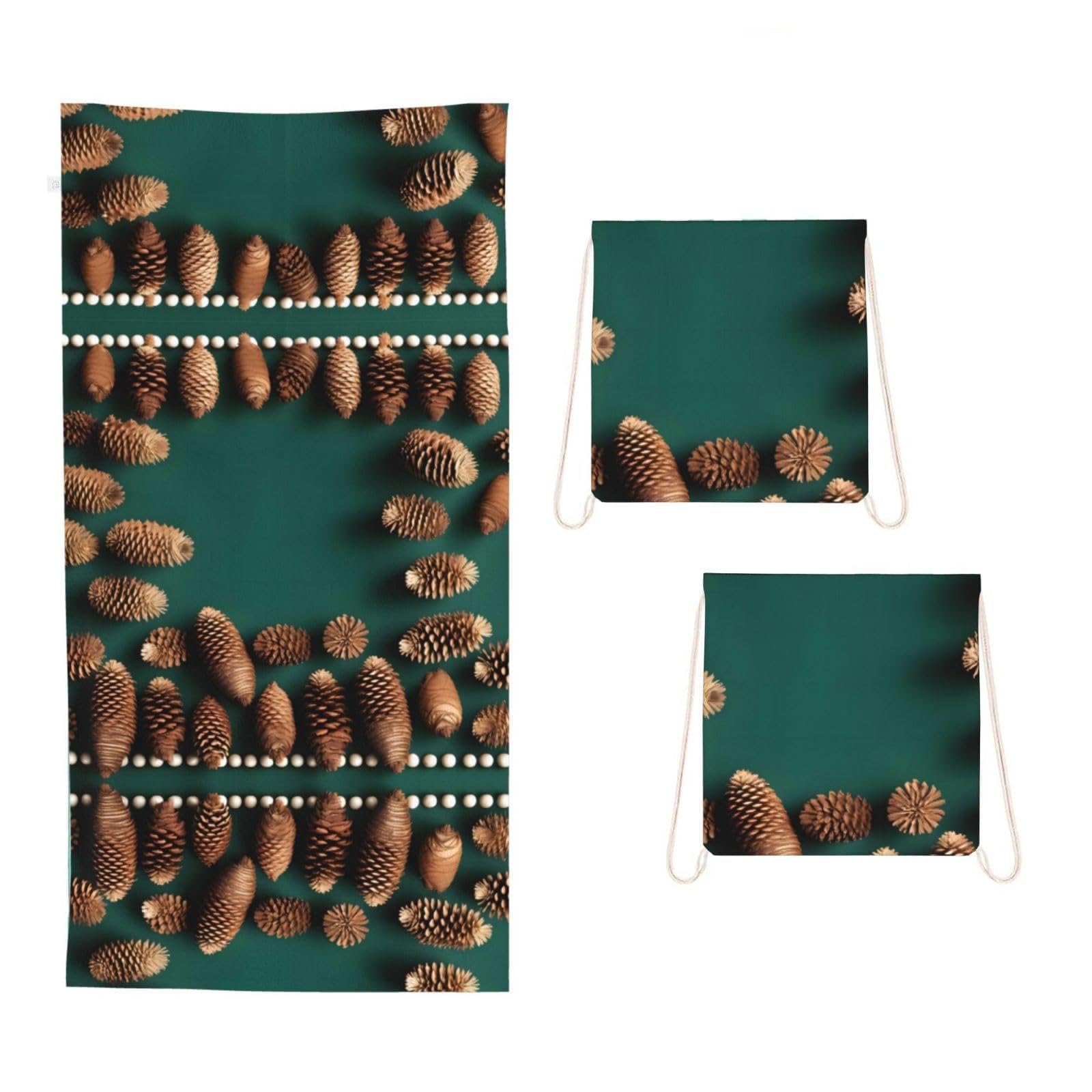 CNTDBU Pine Cone Border 2 in 1 Packable Towel Bag-Large Beach Towel with Stuff Sack, Super Absorbent Microfiber Travel Towel for Pool