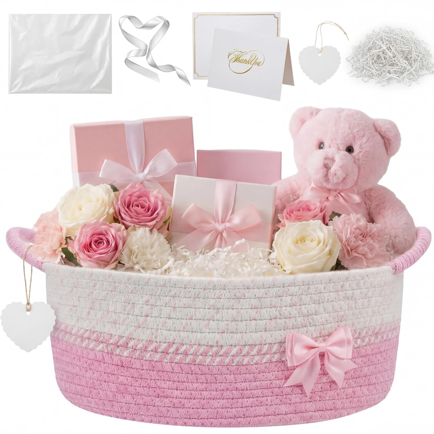 Colingmill Mother's Day Empty Gift Basket 14 * 10 * 5.5 in Basket with Gift Bag Ribbon and Paper Filler Thank You Card Tag for Graduation Nursery Living Room Shelves Birthday(Khaki,Jumper Wire)