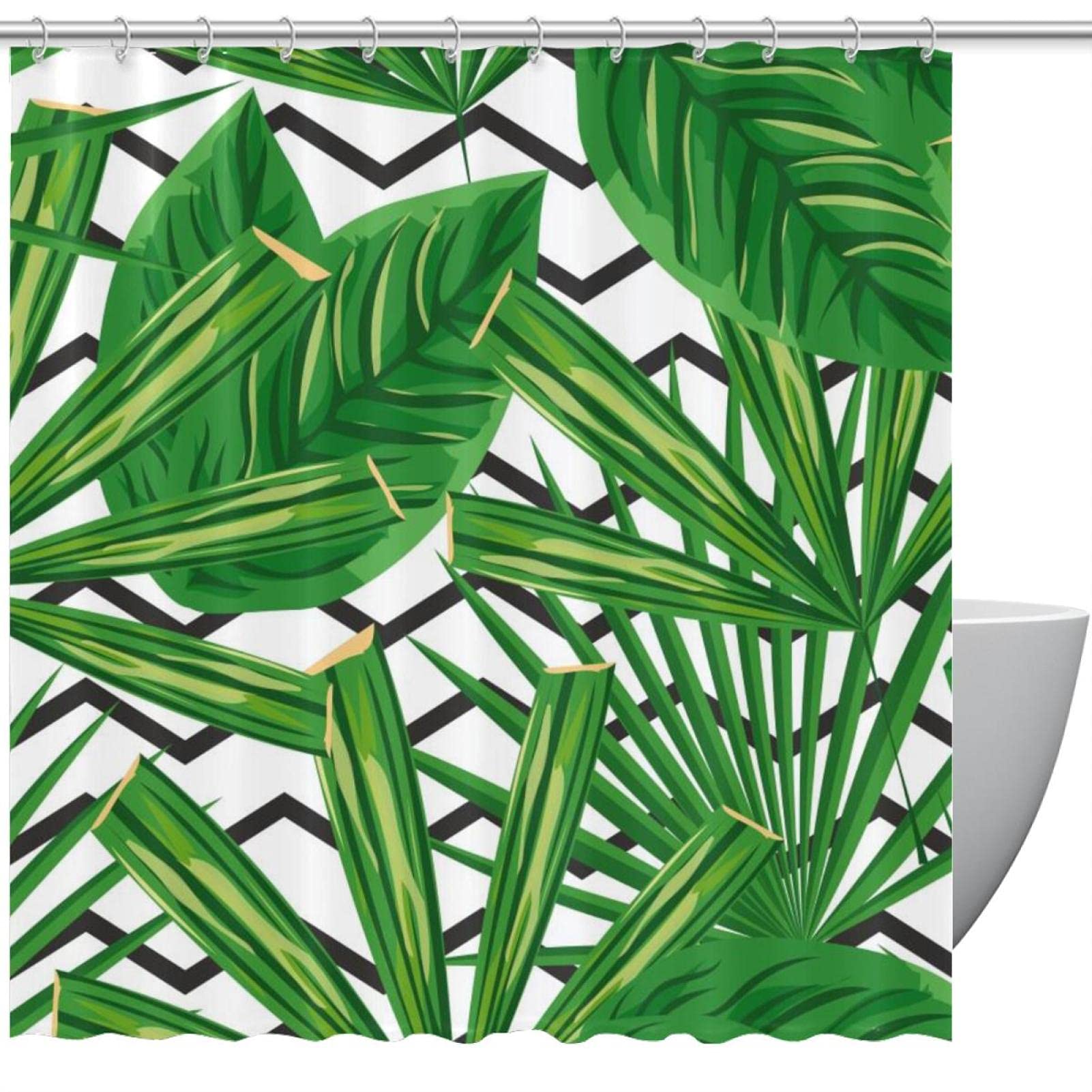 Rideau de douche vert 168x183 cm aux motifs de feuilles tropicales