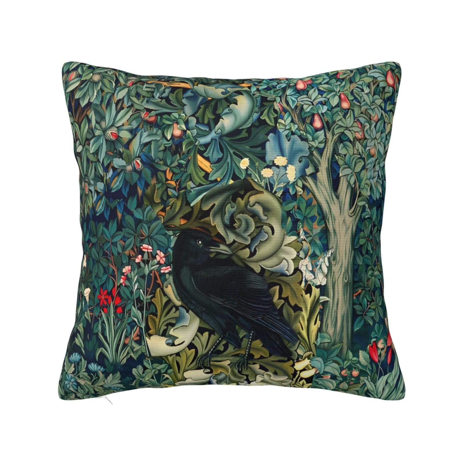 Keebik William Morris Raven Blue Green Floral Forest Throw Pillow Cover Soft Decorative Throw Pillowcases Cushion Case for Home Decor Living Room Bed Couch Car 20x20 Inch