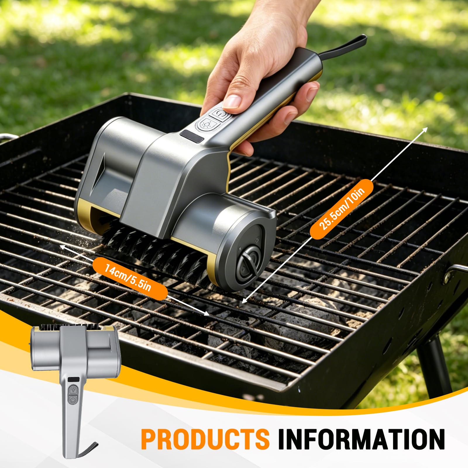 Cepillo eléctrico para barbacoa con función giratoria automática, operación de un botón, cepillo de rodillo de acero inoxidable inalámbrico para uso doméstico, 2 velocidades ajustables, 3 cabezales de