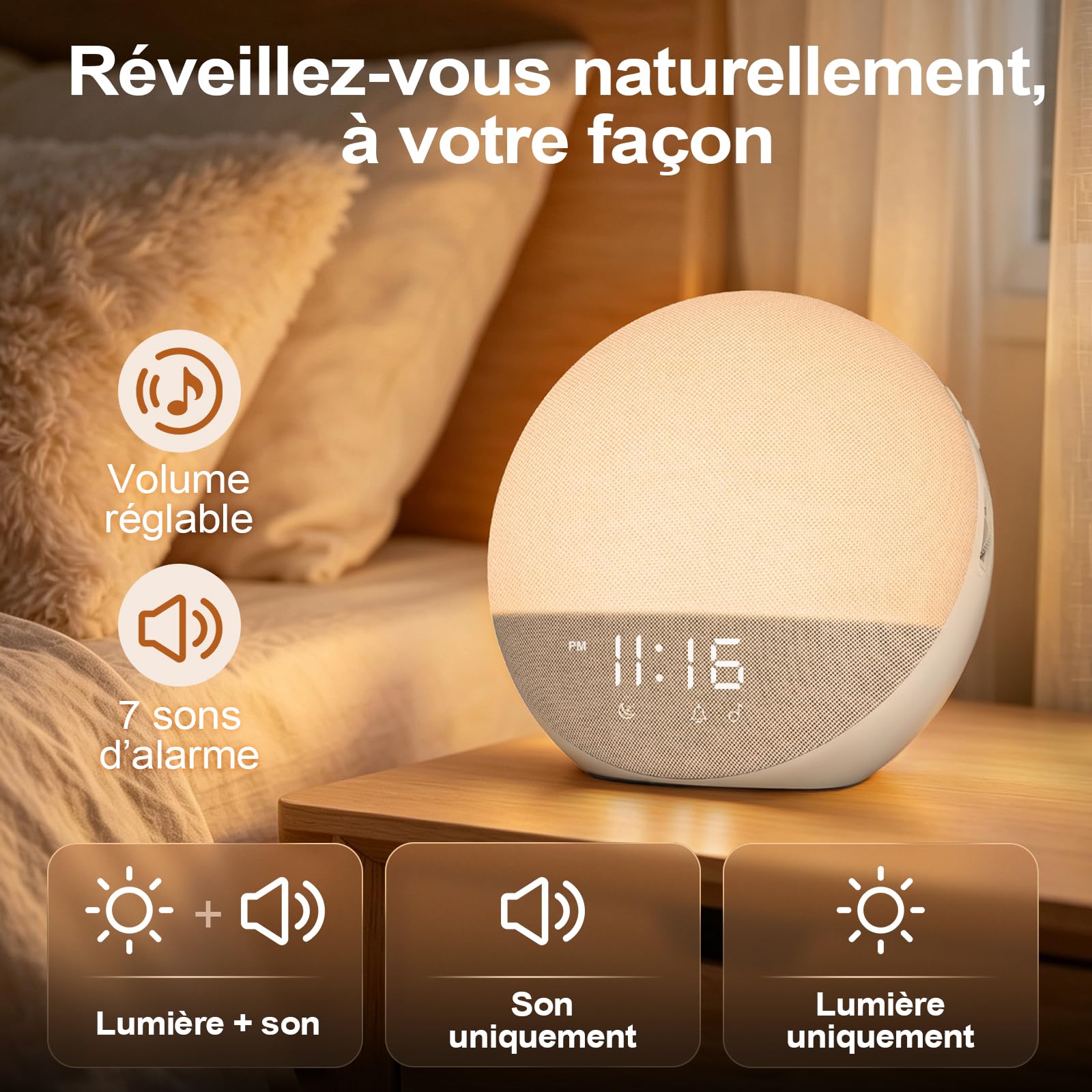 Réveil Simulateur d’Aube Bluetooth, Réveil Lumineux, Beige | 3 modes de réveil, 7 alarmes, haut-parleur 5 W, veilleuse RGB 12 couleurs et écran réglable 0–100 %, sans application