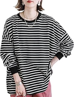 [TeMibery Lyric] ボーダーtシャツ トレーナー レディース 長袖 ボーダー 長袖tシャツ ロングtシャツ スウェット プルオーバー クルーネック トップス 綿100 秋 冬 春 薄手 無地 大きいサイズ おしゃれ オフィス 通勤