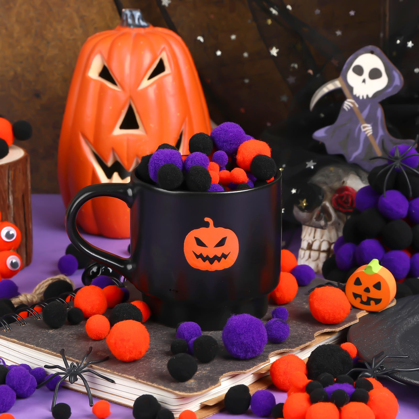 Énorme Lot De Pompons Multicolores – Thème Automne/Halloween – Tailles Variées Pour Activités Créatives Enfants
