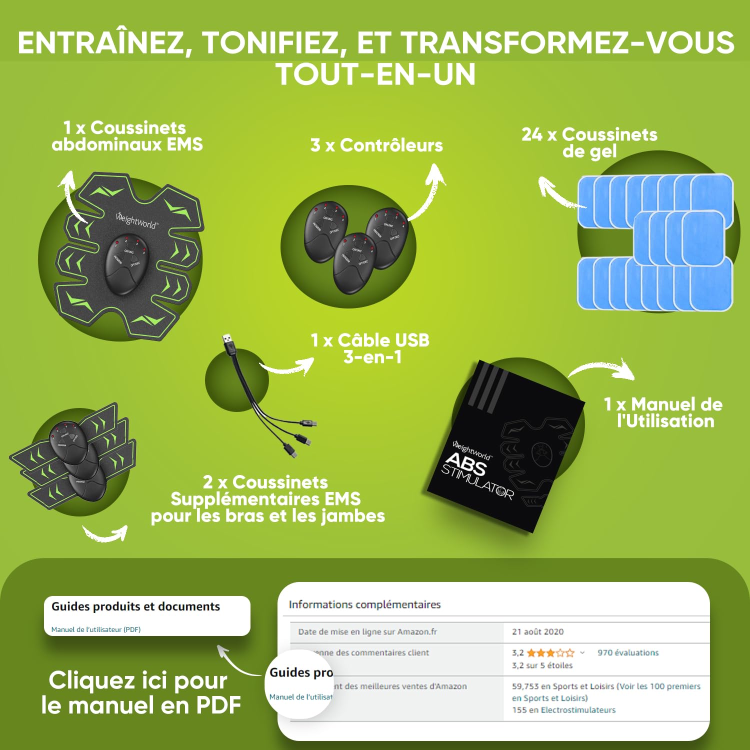 Ceinture D'électrostimulation EMS - Pour Abdos, Bras, Jambes - Intensité Réglable, Portable