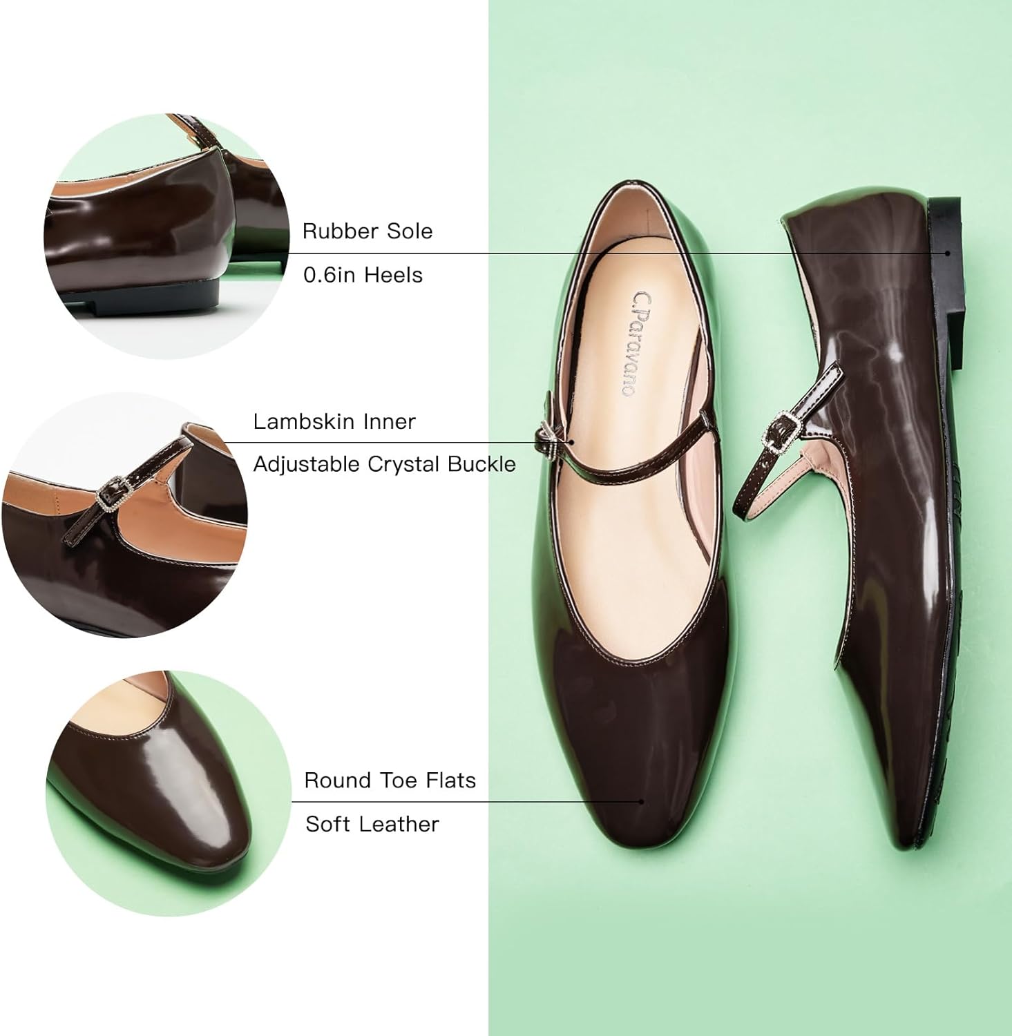 C.Paravano Women's Mary Jane Flats - Leather Ballet Flats with Strap | Comfortable Work Shoes for Women, Office, Teaching | Casual Shoes for Walking, Travel, Driving, Daily Wear(Size 6.5,Brown) - Image 4