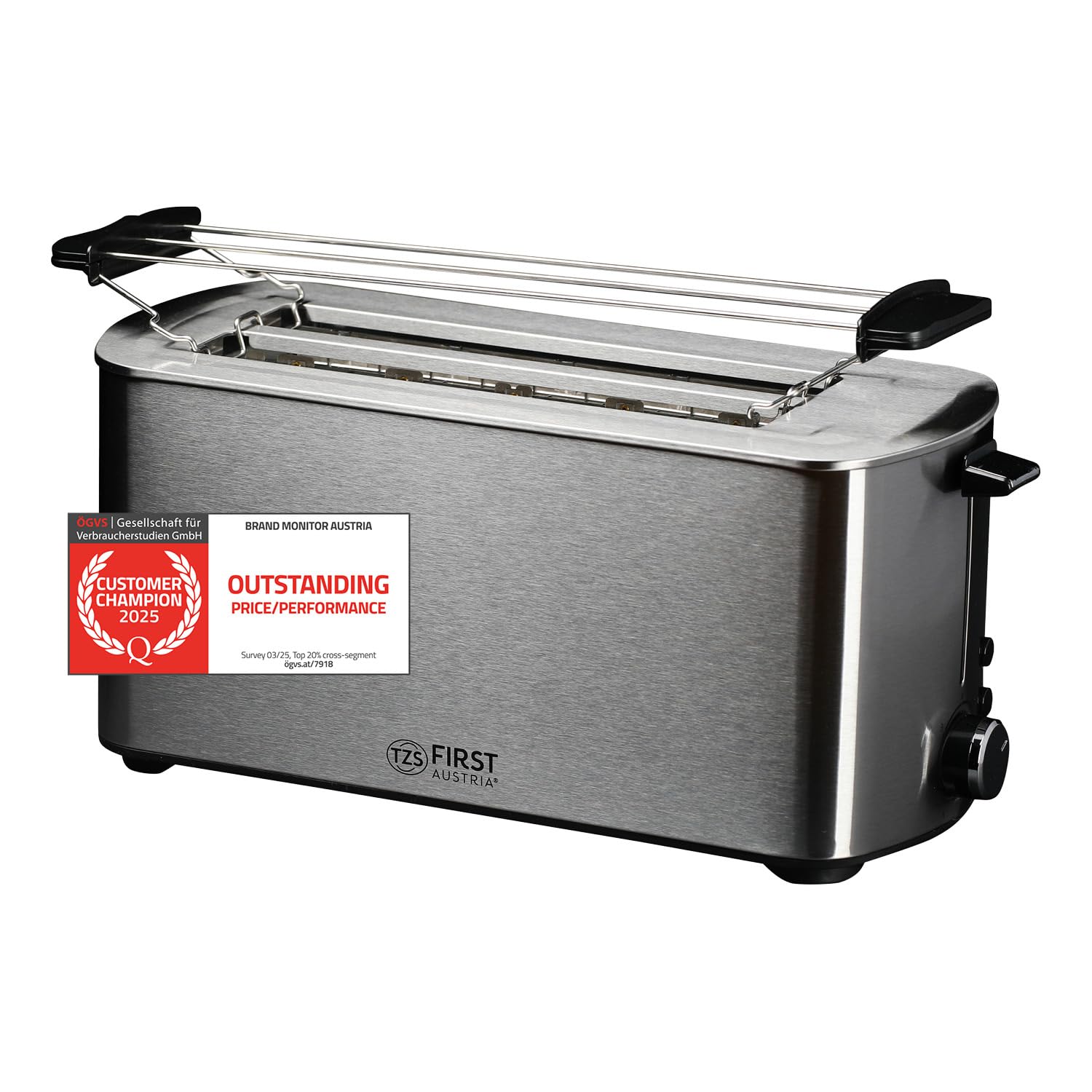 TZS First Austria Tostapane a fessura lunga, acciaio inox, 4 fette, 1400 W, con scalda panini rimovibile, vassoio raccogli briciole, centratura del toast, rivestimento anti-impronta.
