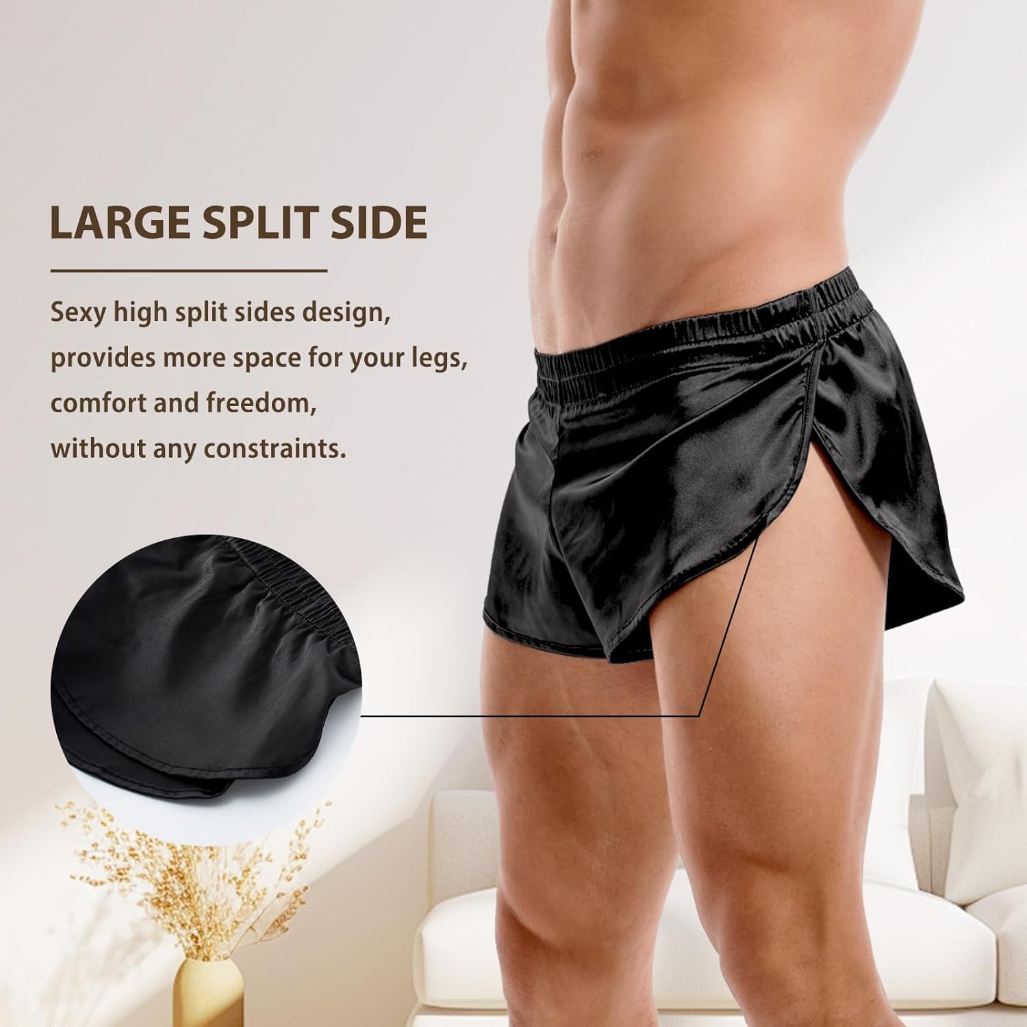 AMY COULEE Mens Sexy Satin Shorts Large Split Side Boxers Silky Pajamas Sleepwear with Pouch Liner - Image 4