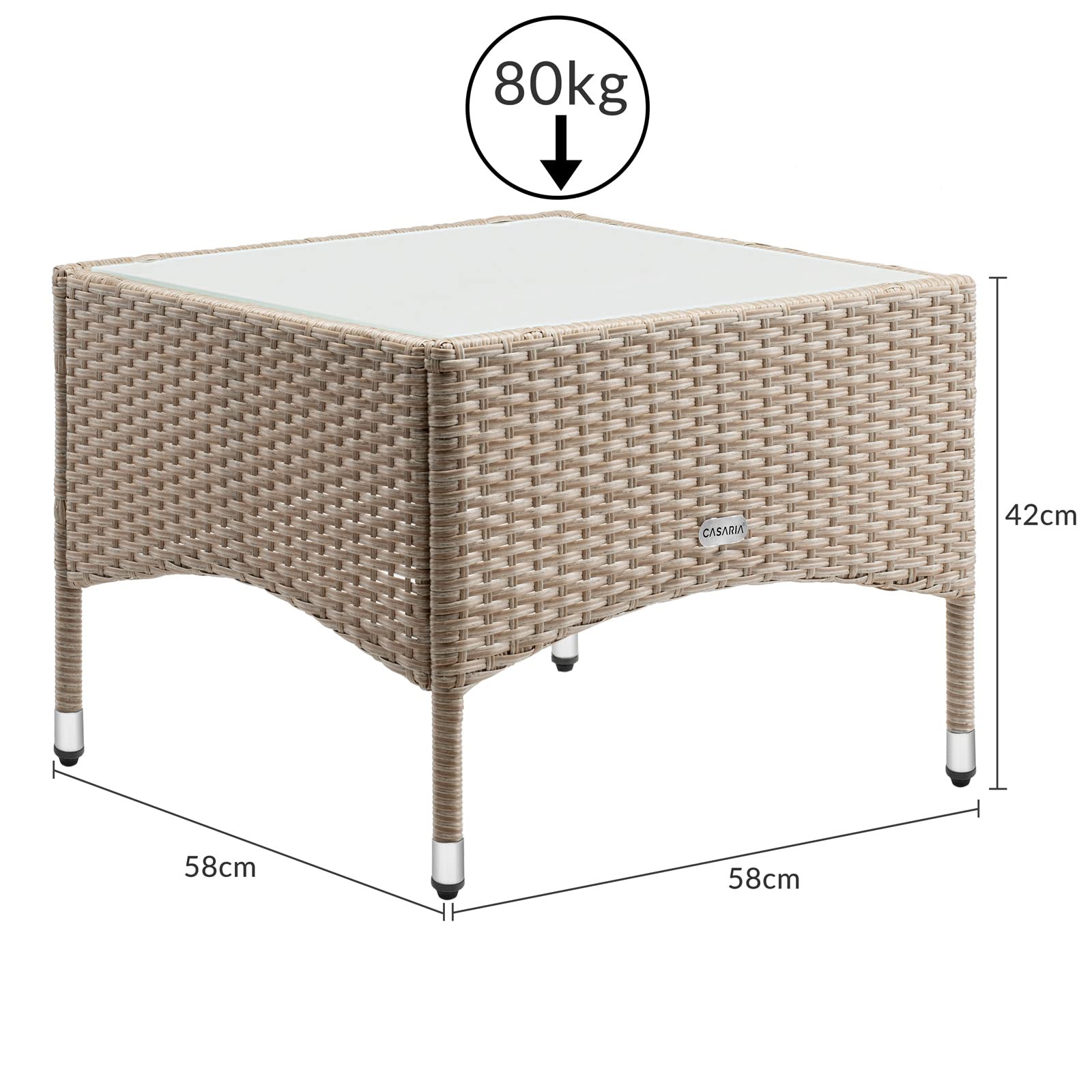 CASARIA® Mesita de Centro Poliratán 58x58x42cm Carga hasta 80Kg Mesa Auxiliar Jardín Ajustable en Altura Tablero Vidrio Resistente Intemperie Crema