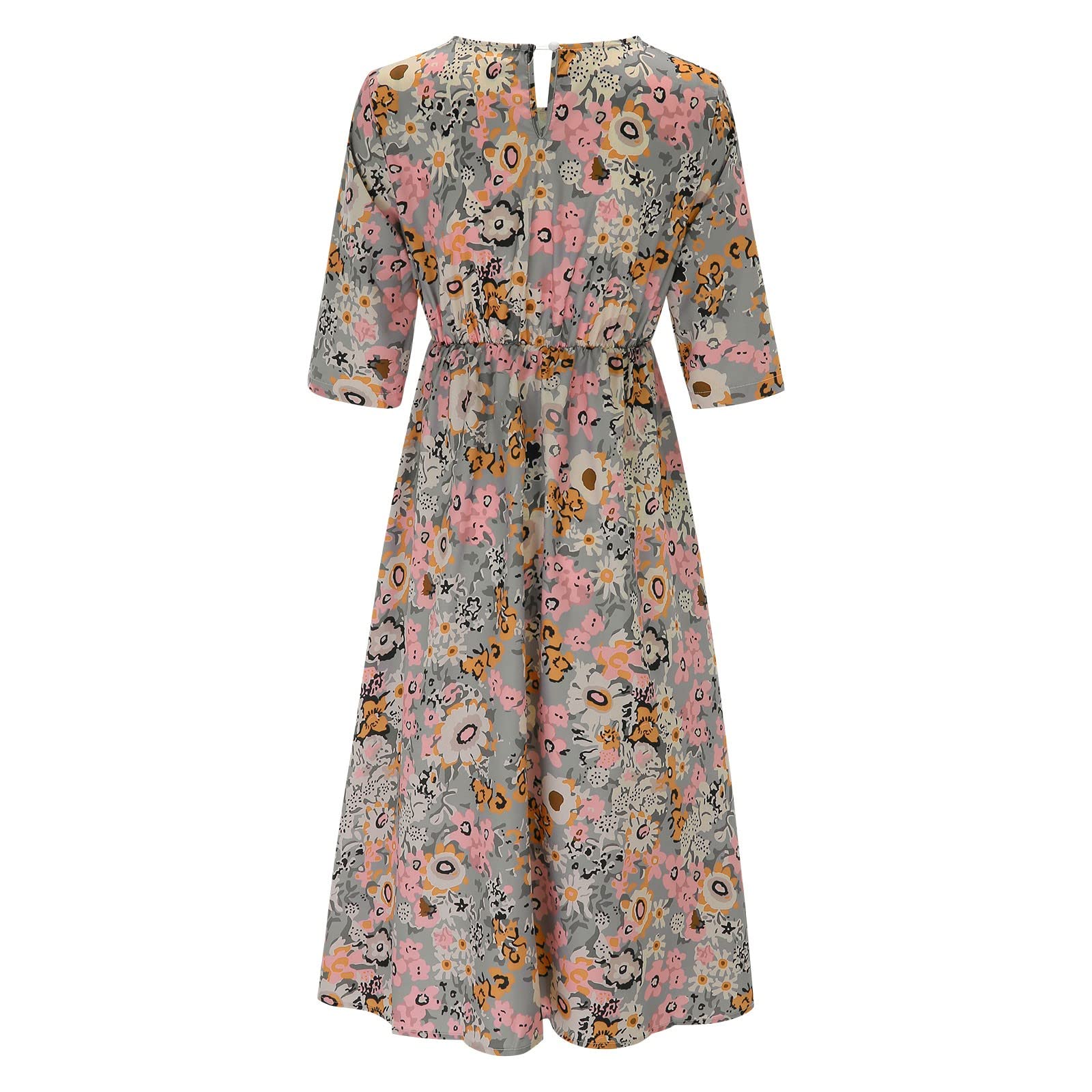 Abito da donna, casual, con motivo floreale bohémien, con tasche, maniche corte, lungo, estivo, da spiaggia