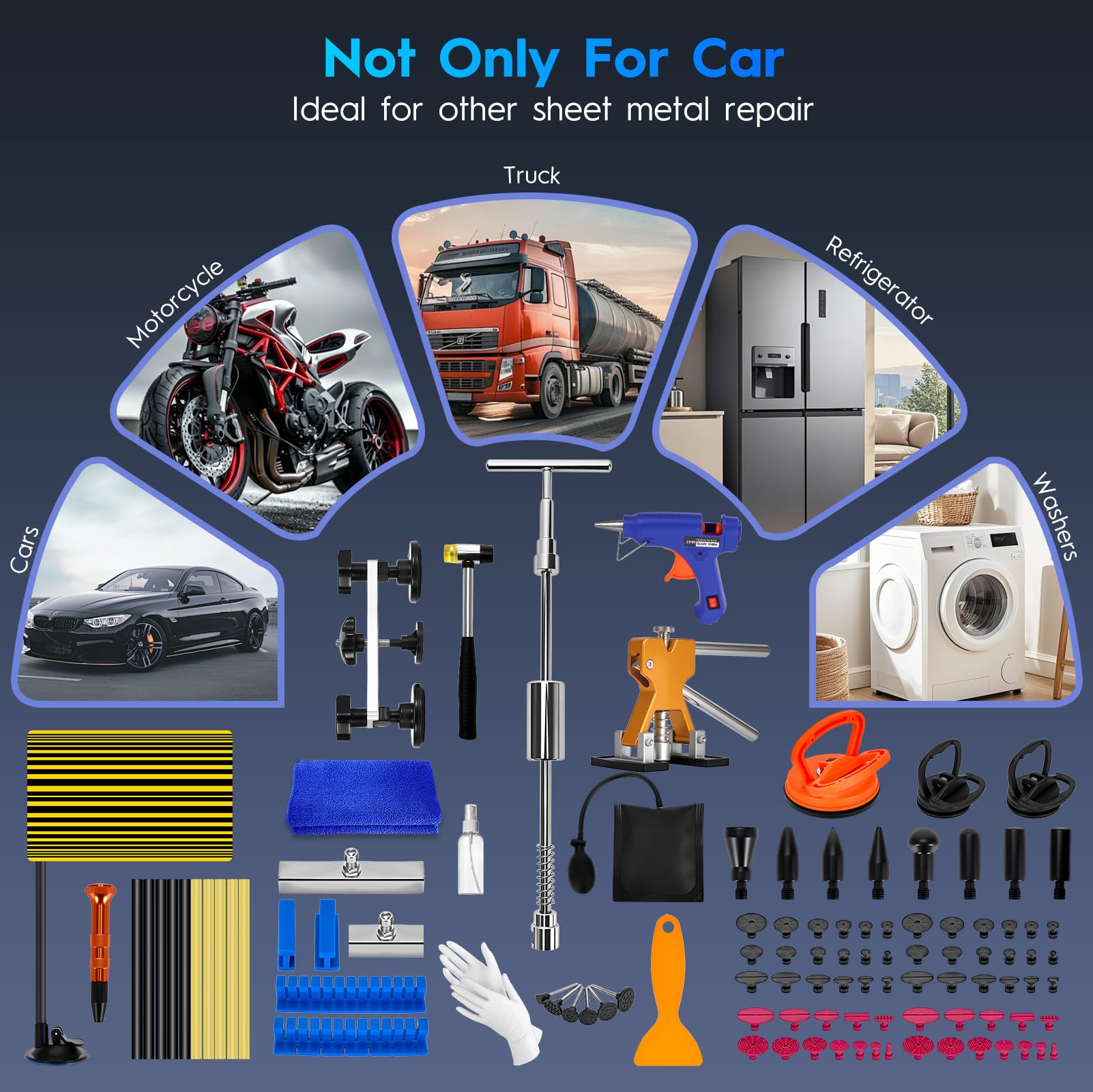 Kit Debosselage Carrosserie, 120 Pièces Kit Reparation Carrosserie avec Pistolet à Colle, Extracteur, Marteau et Ventouse – Kit Débosselage sans Peinture pour Voiture, Moto et Appareils Métalliques